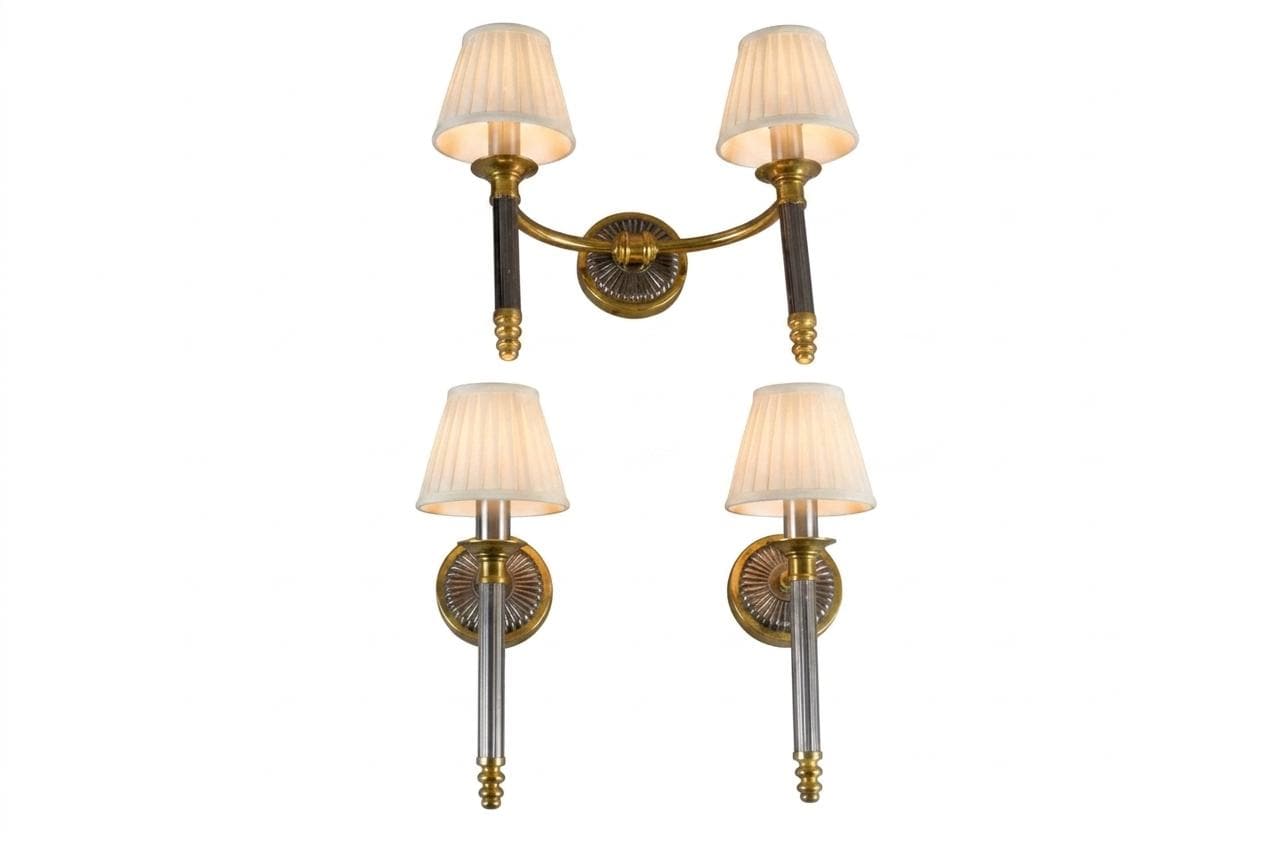 Vintage 1950s Brass Wall Sconces, Set of Three — Two Single Arm, One Double Arm, Mid-Century