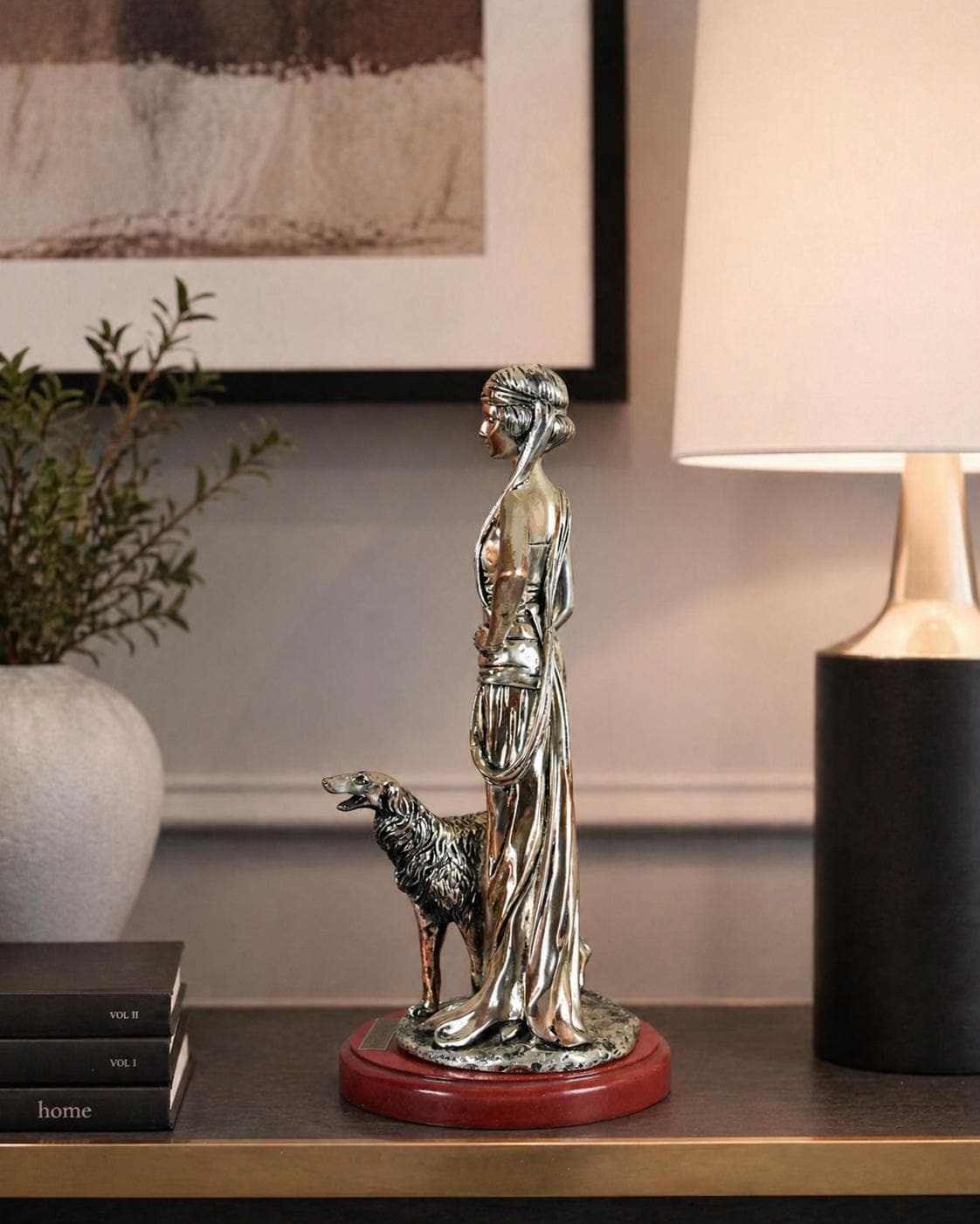 Silver-Plated Art Deco Style Sculpture, Lady with Borzoi Dog, Dated 2001
