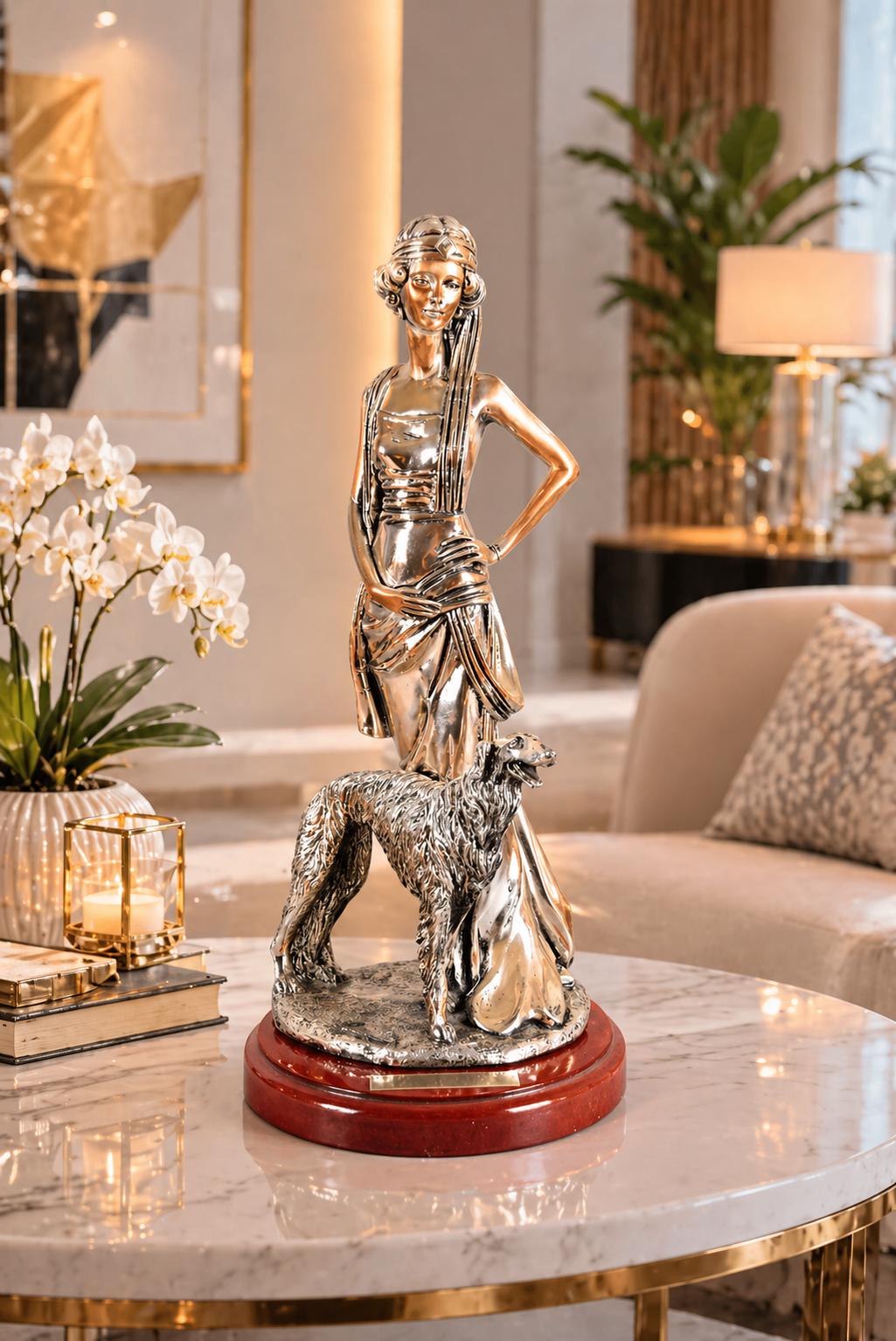 Silver-Plated Art Deco Style Sculpture, Lady with Borzoi Dog, Dated 2001