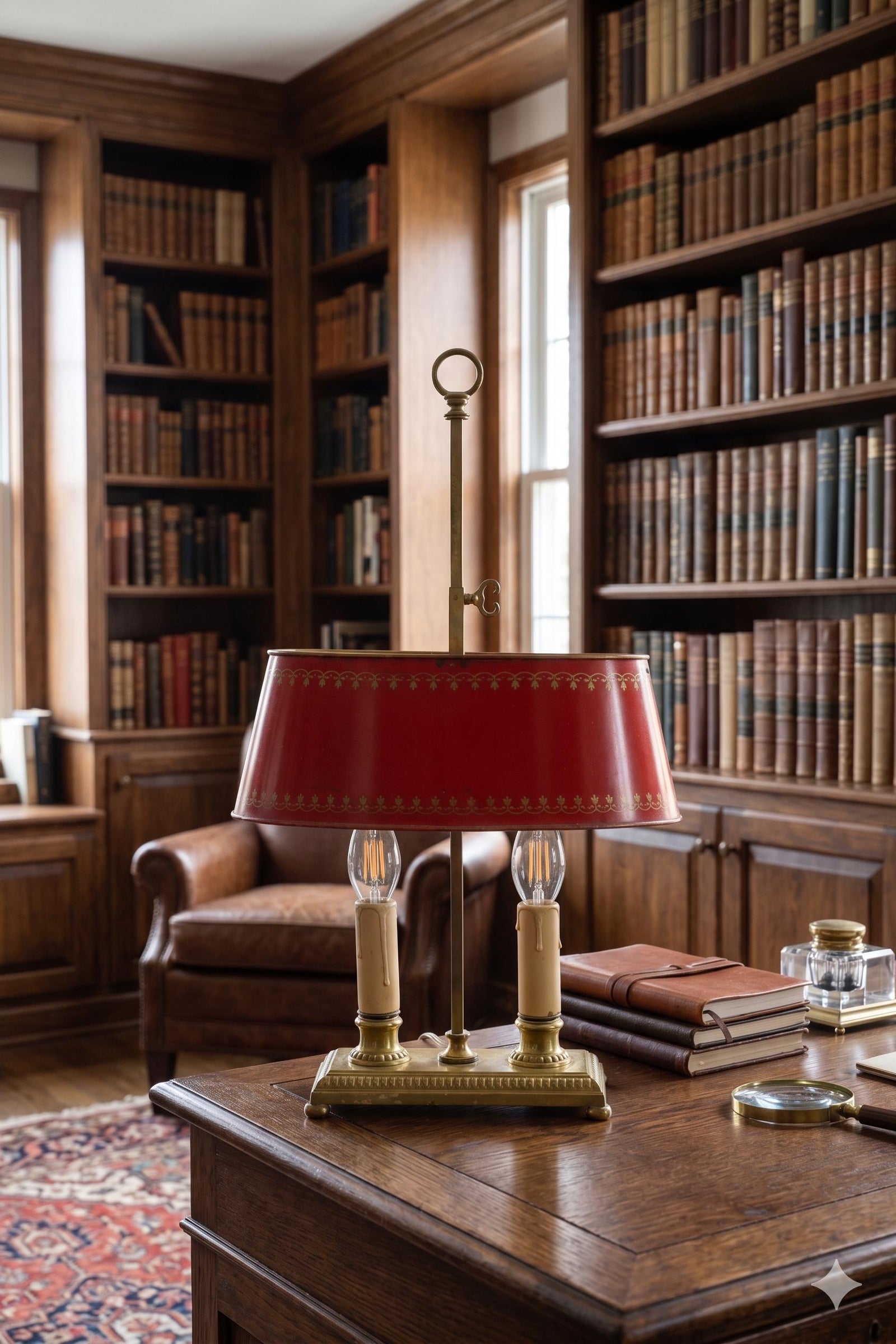 Vintage Brass Bouillotte Table Lamp, Red Tole Shade — French Style, circa 1950s
