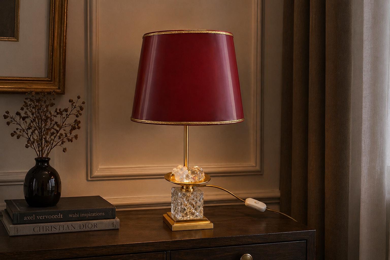 Vintage 1970s French Table Lamp, Red Tole Shade, Cut Glass Base with Glass Fruit Accent