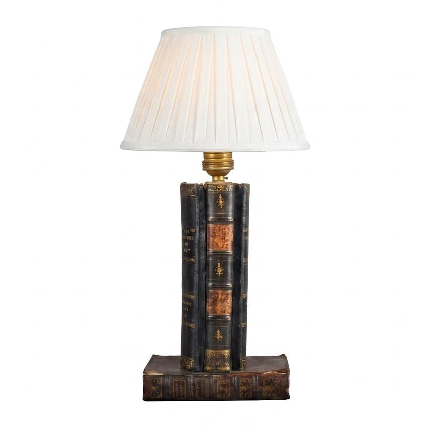Antique Leather Book Stack Table Lamp — Gilt-Tooled Bindings, Library Accent