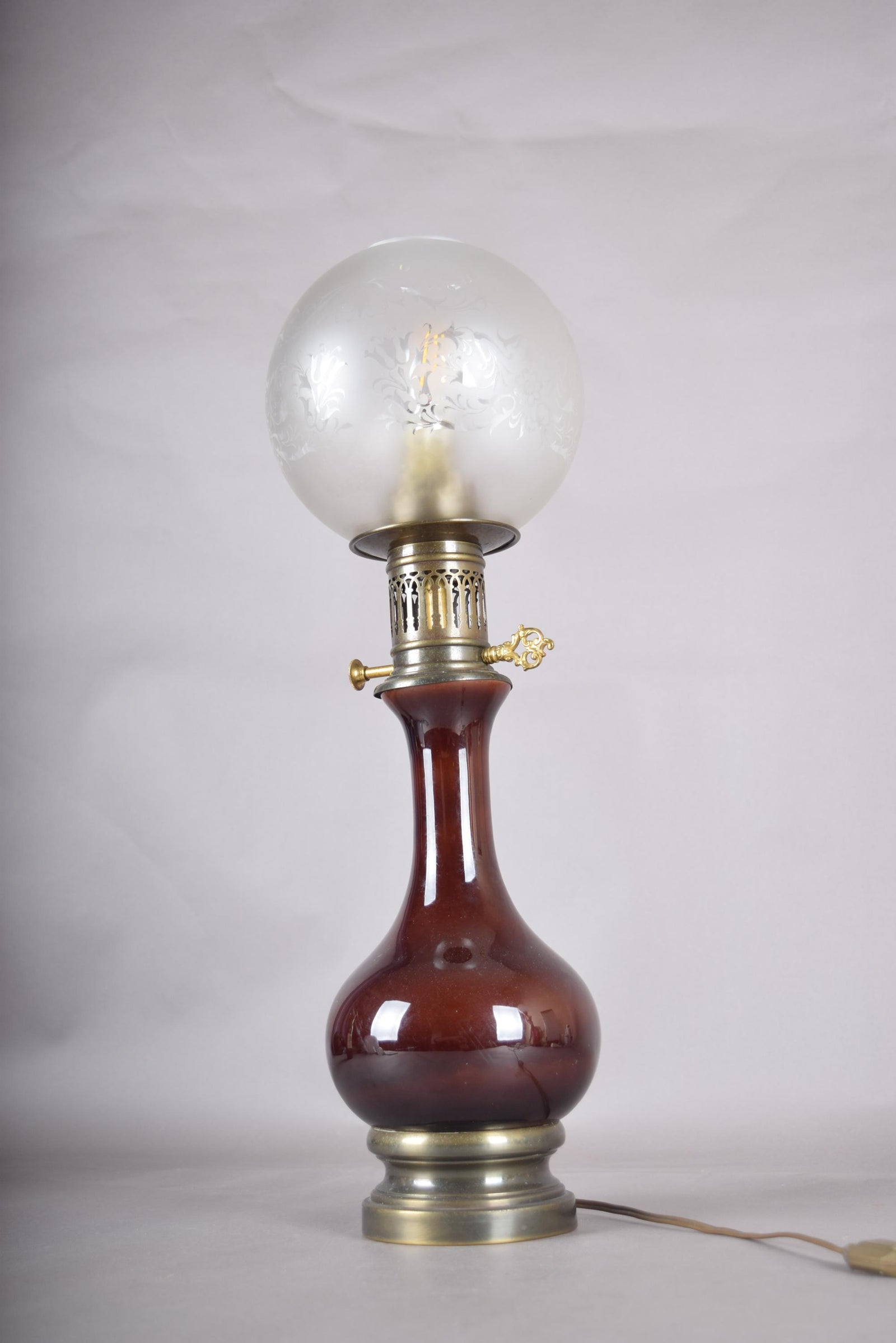 Vintage Glass and Brass Table Lamp, Etched Frosted Glass Globe Shade, 1950s