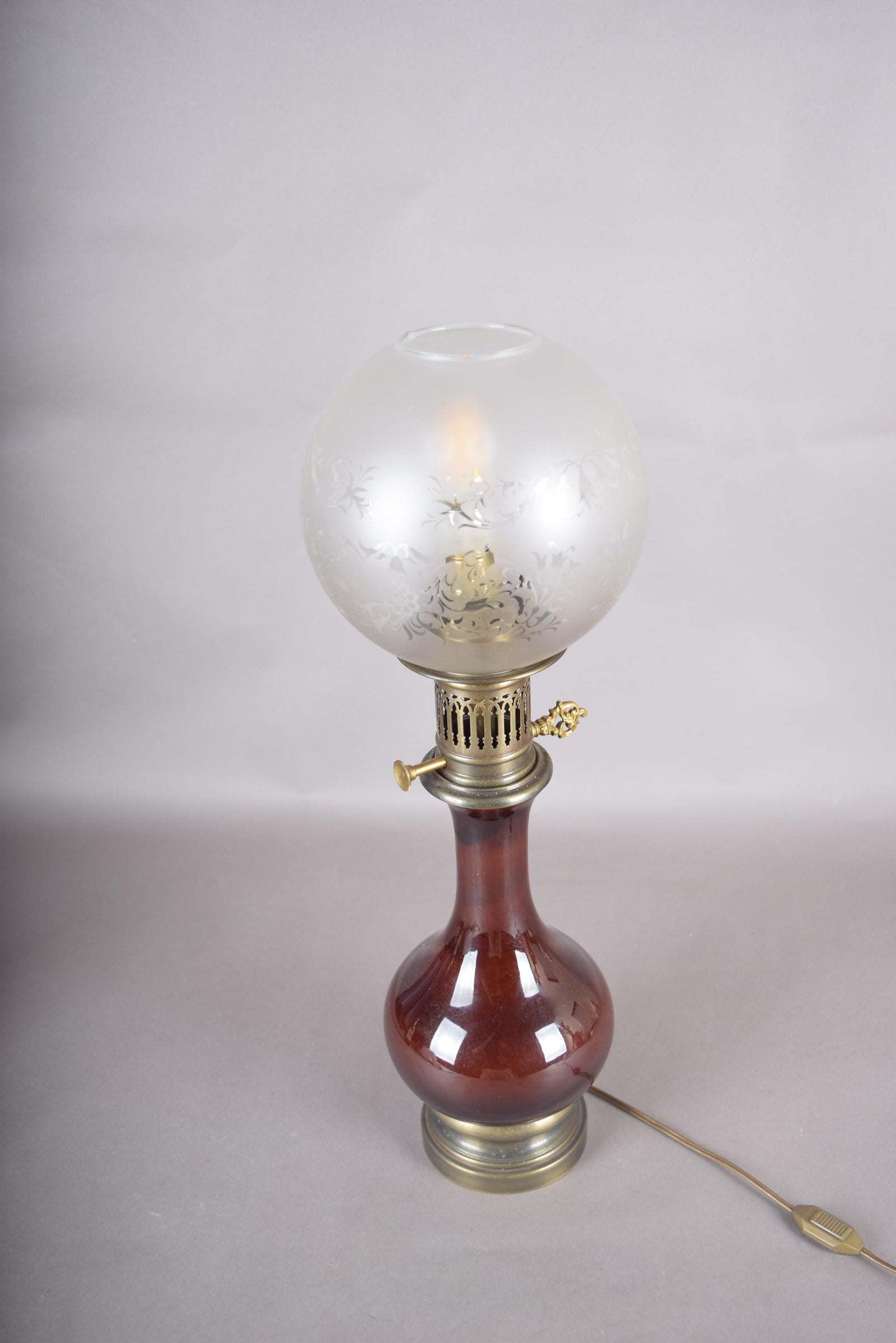 Vintage Glass and Brass Table Lamp, Etched Frosted Glass Globe Shade, 1950s