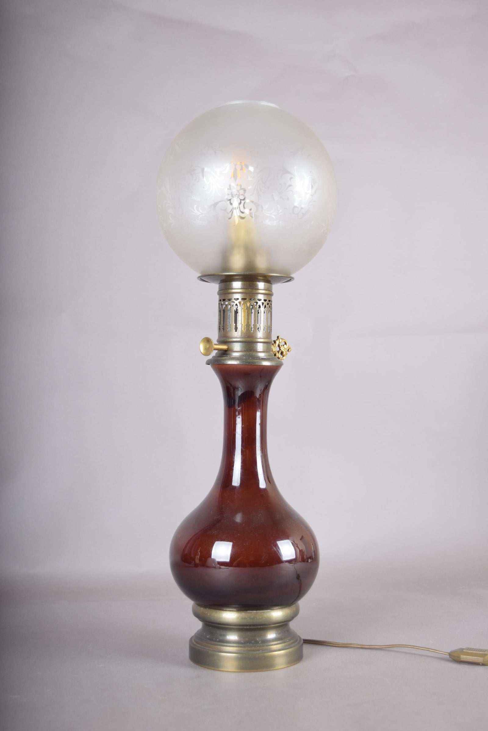 Vintage Glass and Brass Table Lamp, Etched Frosted Glass Globe Shade, 1950s