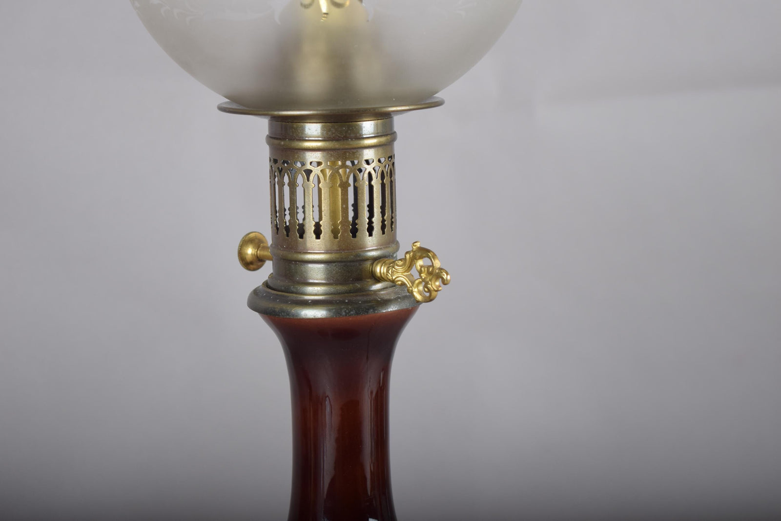 Vintage Glass and Brass Table Lamp, Etched Frosted Glass Globe Shade, 1950s