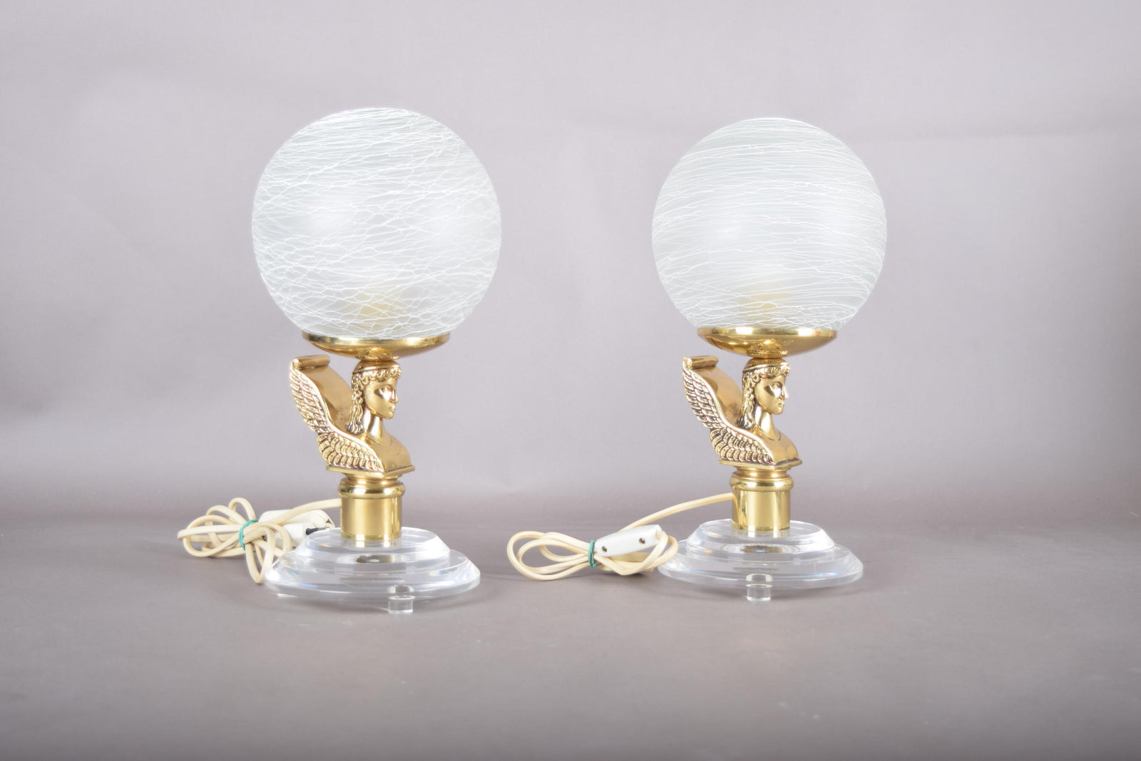 Vintage Brass-Toned Angel Table Lamps, Frosted Glass Globe Shade, Hollywood Regency, 1980s, Pair