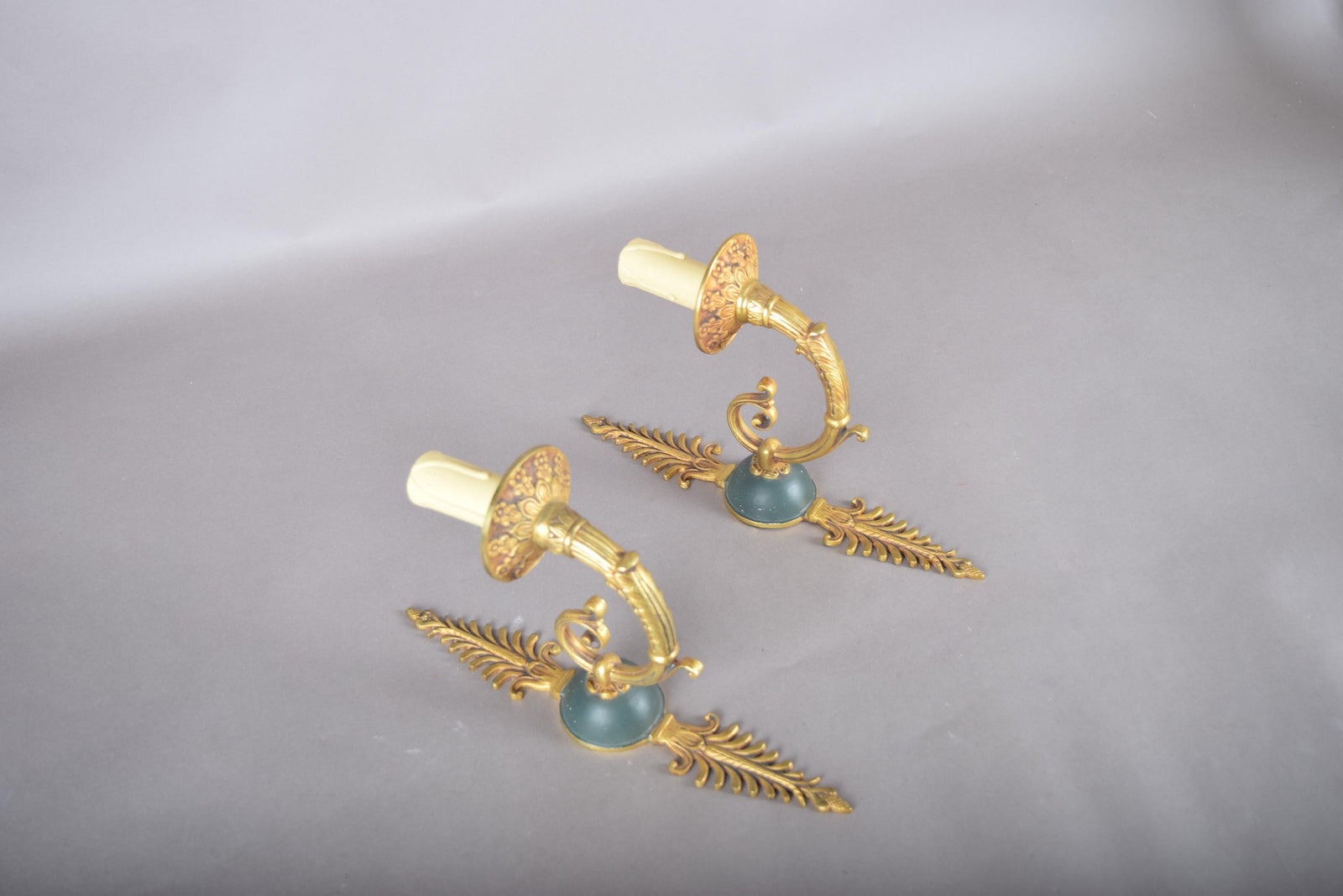 Pair of Vintage Gilded Brass Sconces, French Scroll Arm | Feathered Wall Lights, 1950s | Candle-Style Fixtures