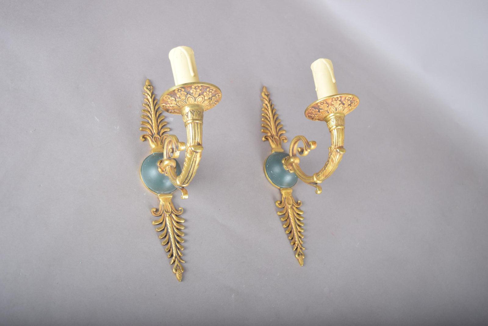 Pair of Vintage Gilded Brass Sconces, French Scroll Arm | Feathered Wall Lights, 1950s | Candle-Style Fixtures