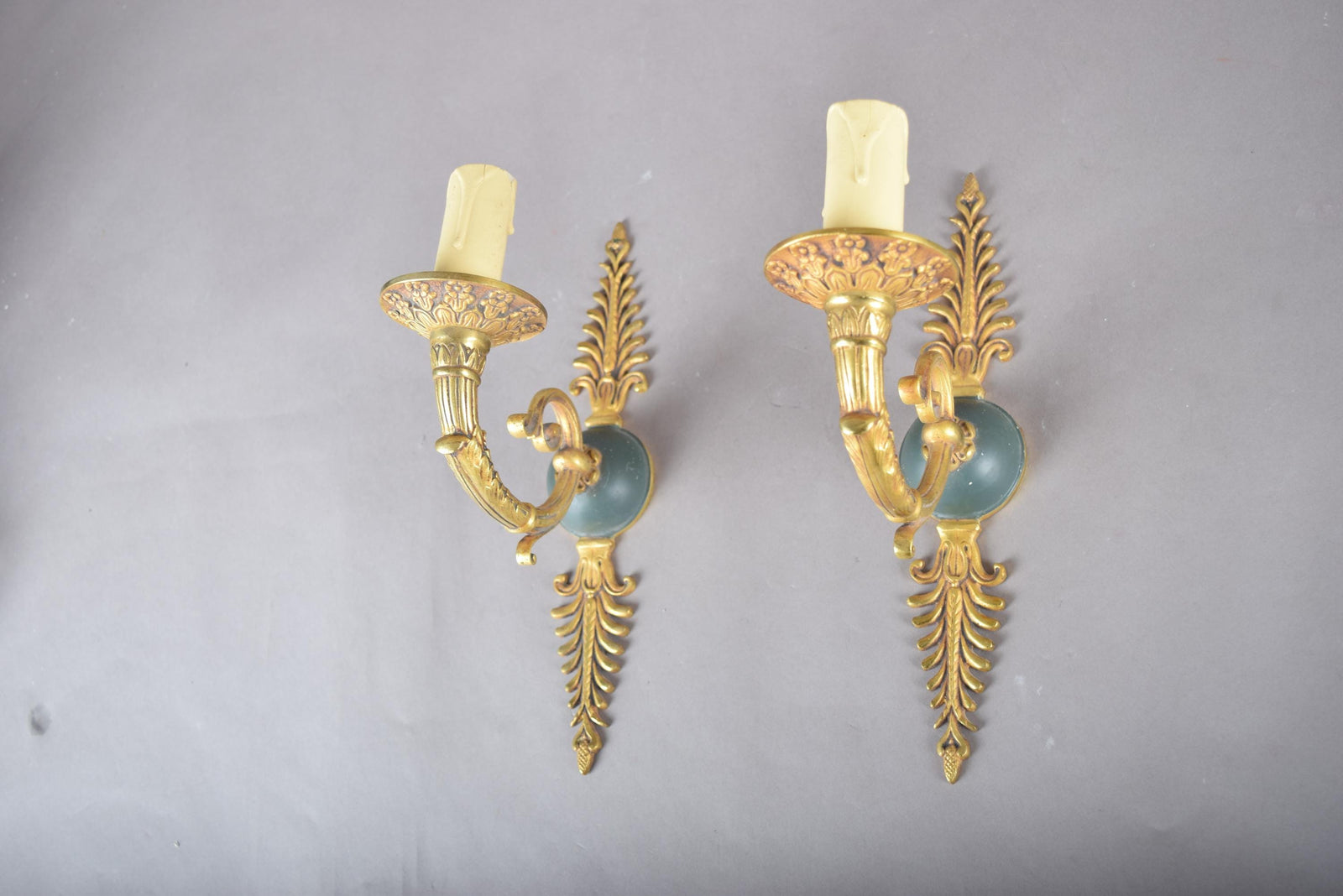 Pair of Vintage Gilded Brass Sconces, French Scroll Arm | Feathered Wall Lights, 1950s | Candle-Style Fixtures
