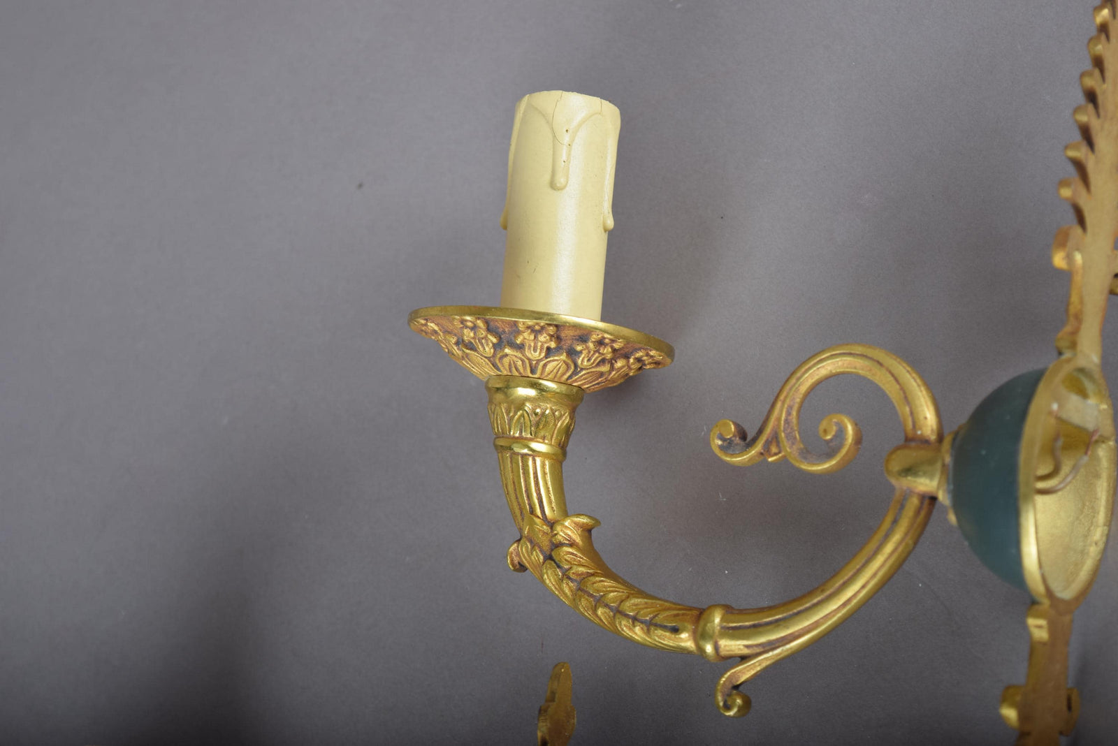 Pair of Vintage Gilded Brass Sconces, French Scroll Arm | Feathered Wall Lights, 1950s | Candle-Style Fixtures
