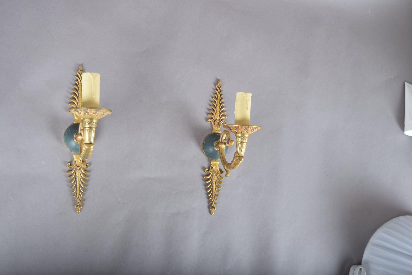 Pair of Vintage Gilded Brass Sconces, French Scroll Arm | Feathered Wall Lights, 1950s | Candle-Style Fixtures