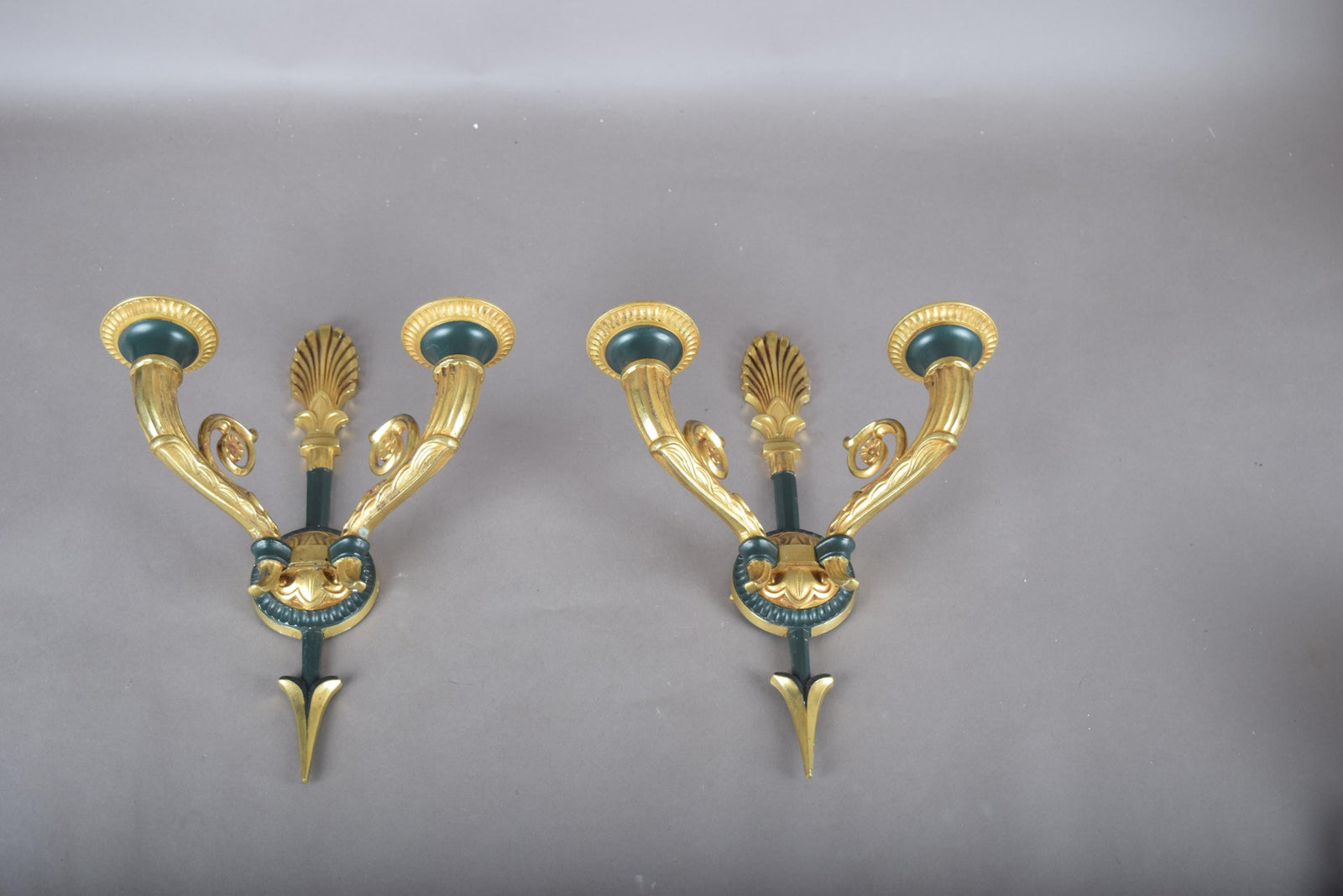 Vintage Gilt Bronze Wall Sconce Pair, Double Arm with Frosted Glass Shades — French Style, 1950s