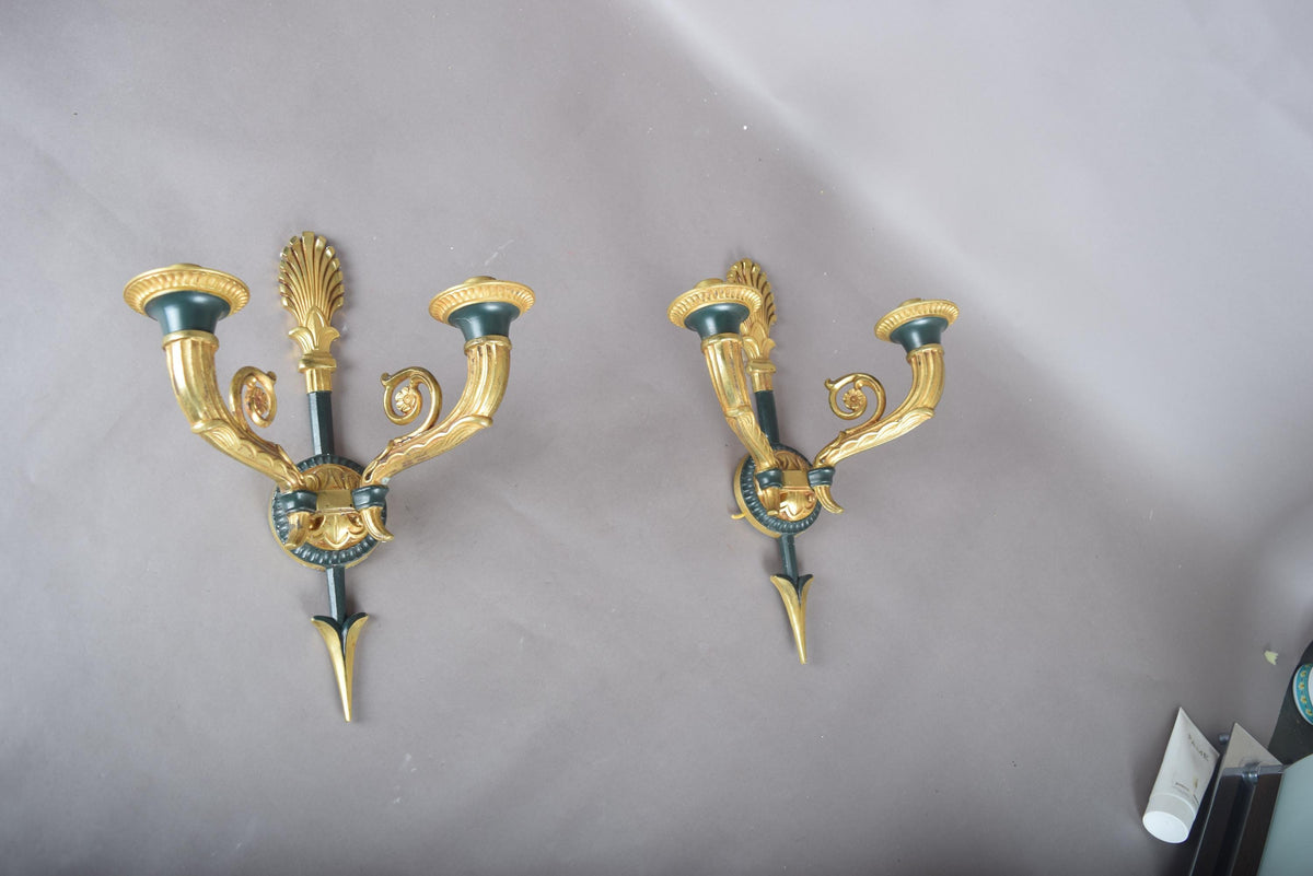 Vintage Gilt Bronze Wall Sconce Pair, Double Arm with Frosted Glass Shades — French Style, 1950s