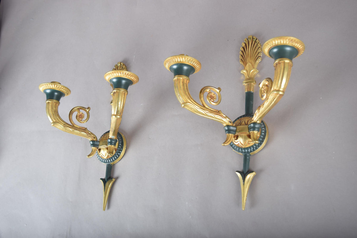 Vintage Gilt Bronze Wall Sconce Pair, Double Arm with Frosted Glass Shades — French Style, 1950s