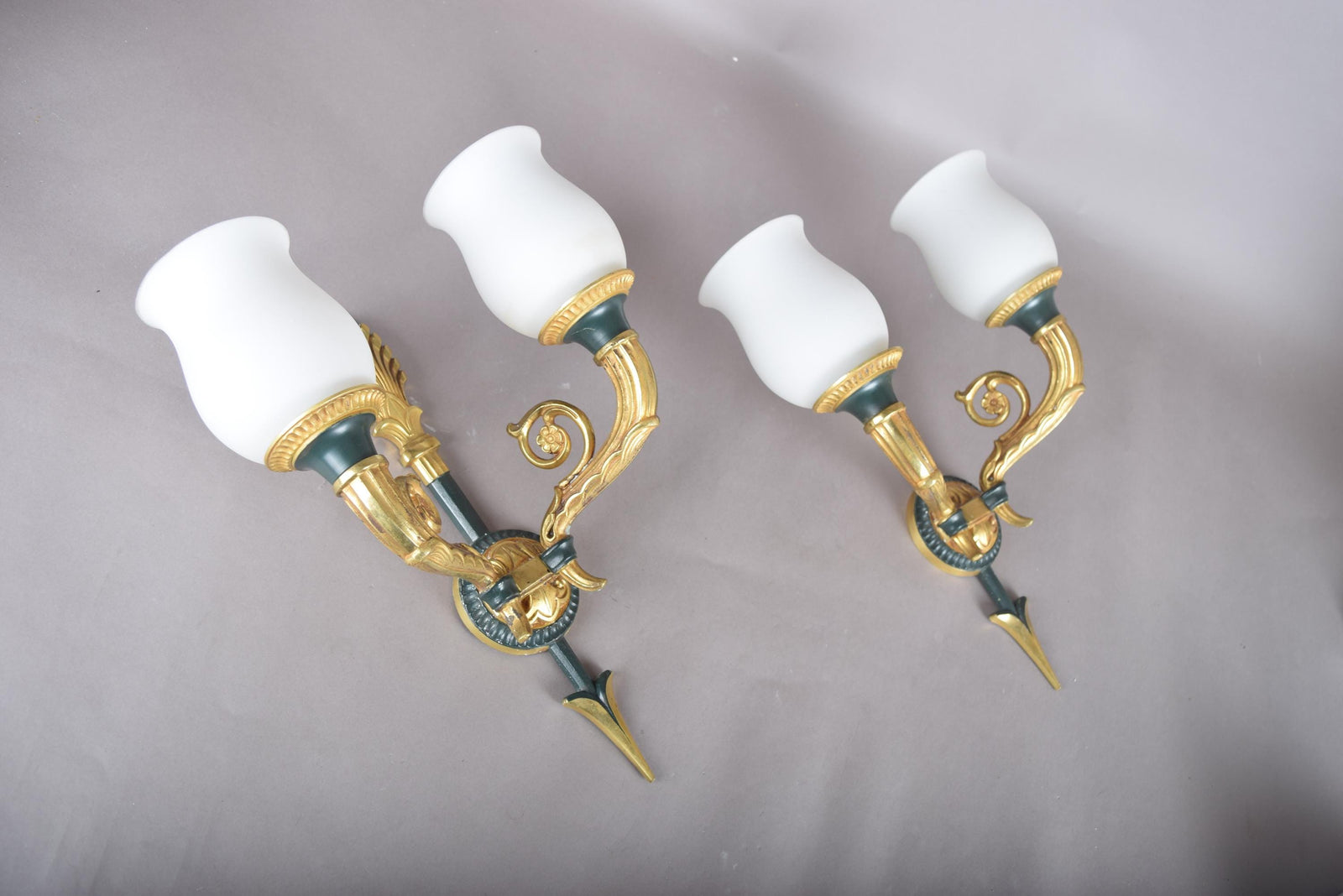 Vintage Gilt Bronze Wall Sconce Pair, Double Arm with Frosted Glass Shades — French Style, 1950s