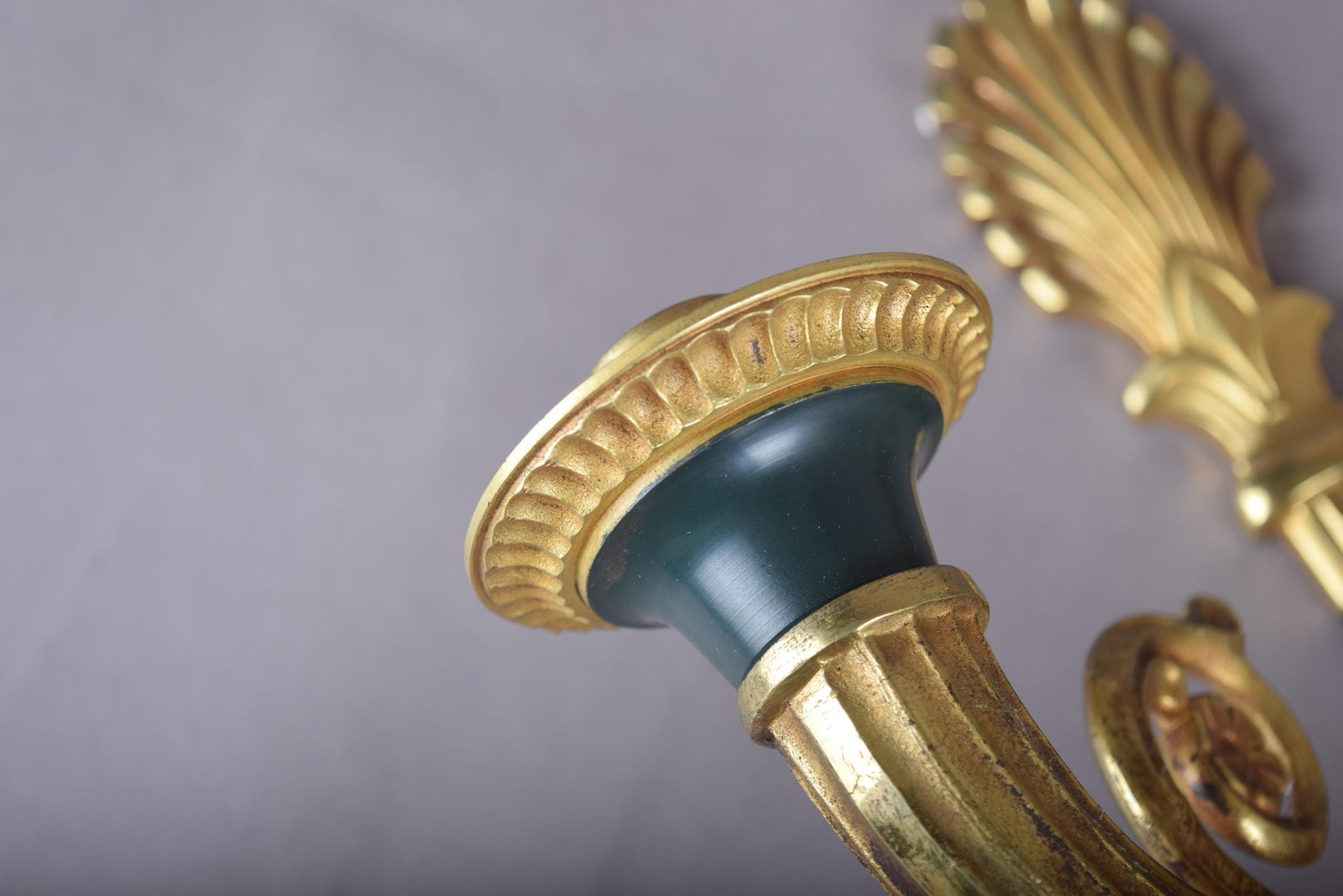 Vintage Gilt Bronze Wall Sconce Pair, Double Arm with Frosted Glass Shades — French Style, 1950s