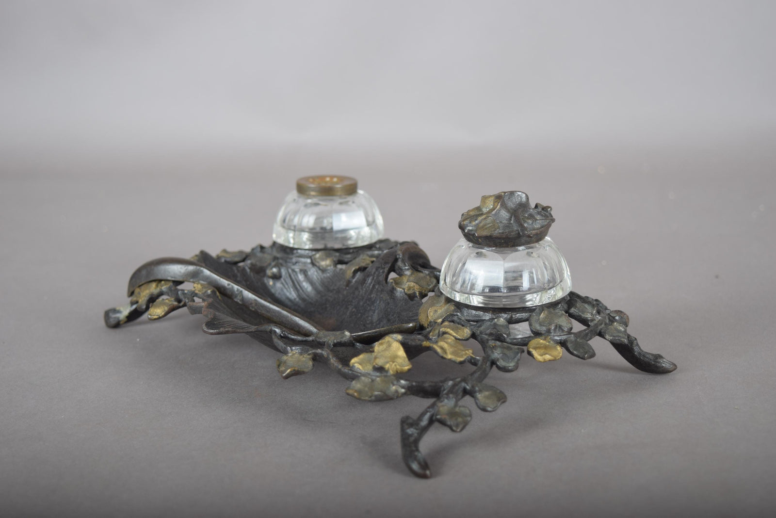 Antique Bronze-Toned Inkwell, Ivy Relief Design — French Art Nouveau, Circa 1900