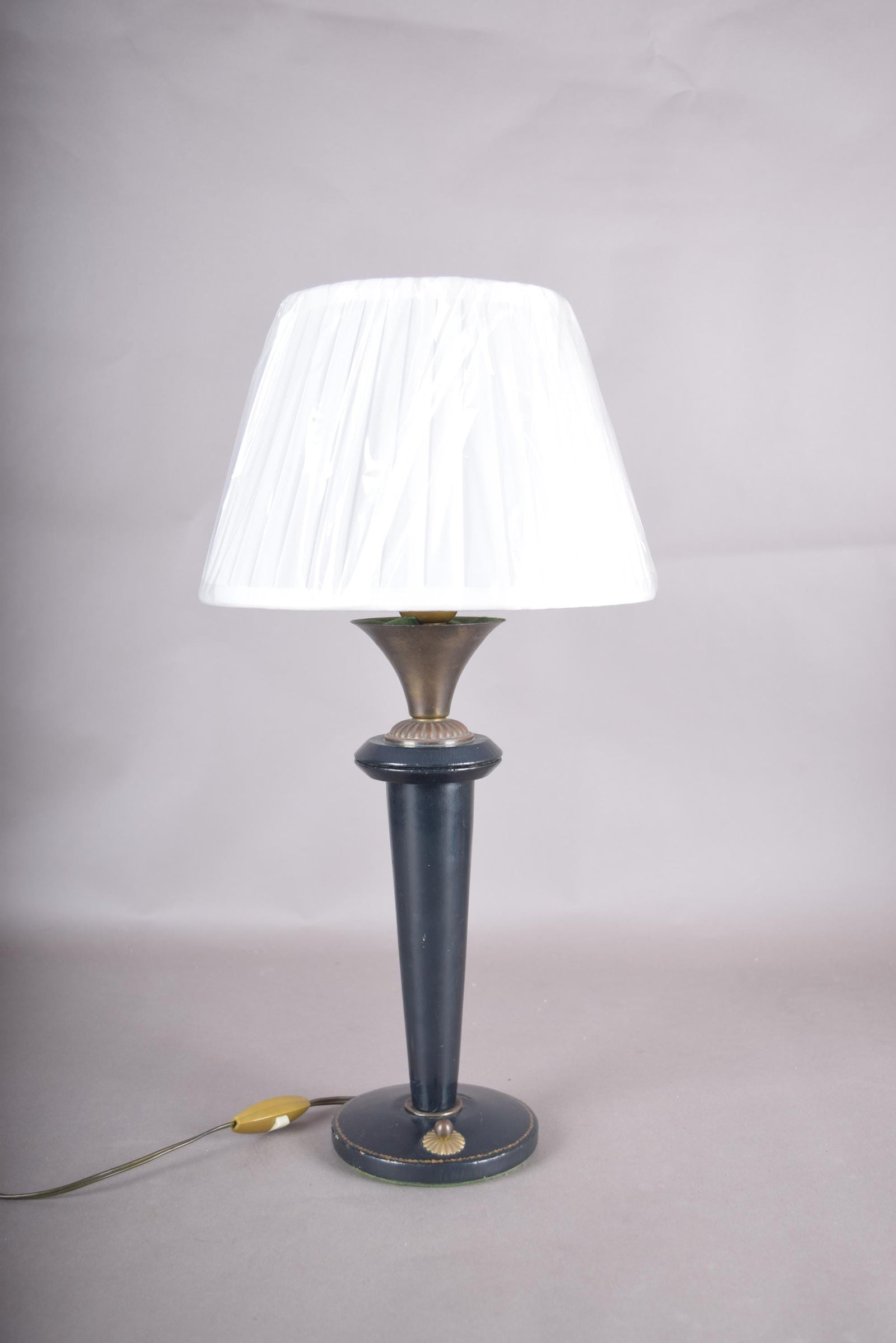Vintage Navy Blue Leather Table Lamp | 1950s Mid Century Accent Lamp | Leather-Wrapped Brass Base | Rare Design Piece