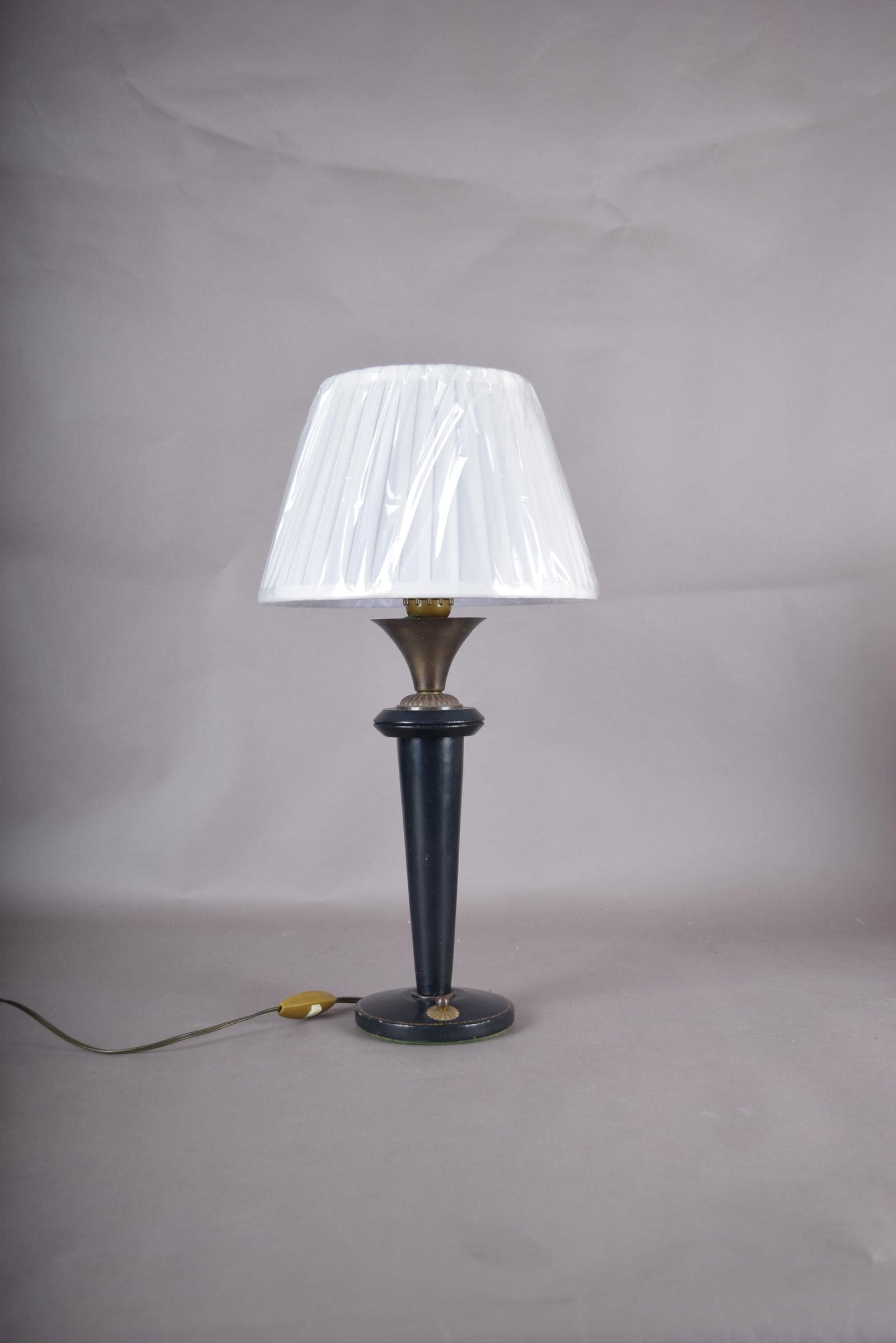 Vintage Navy Blue Leather Table Lamp | 1950s Mid Century Accent Lamp | Leather-Wrapped Brass Base | Rare Design Piece