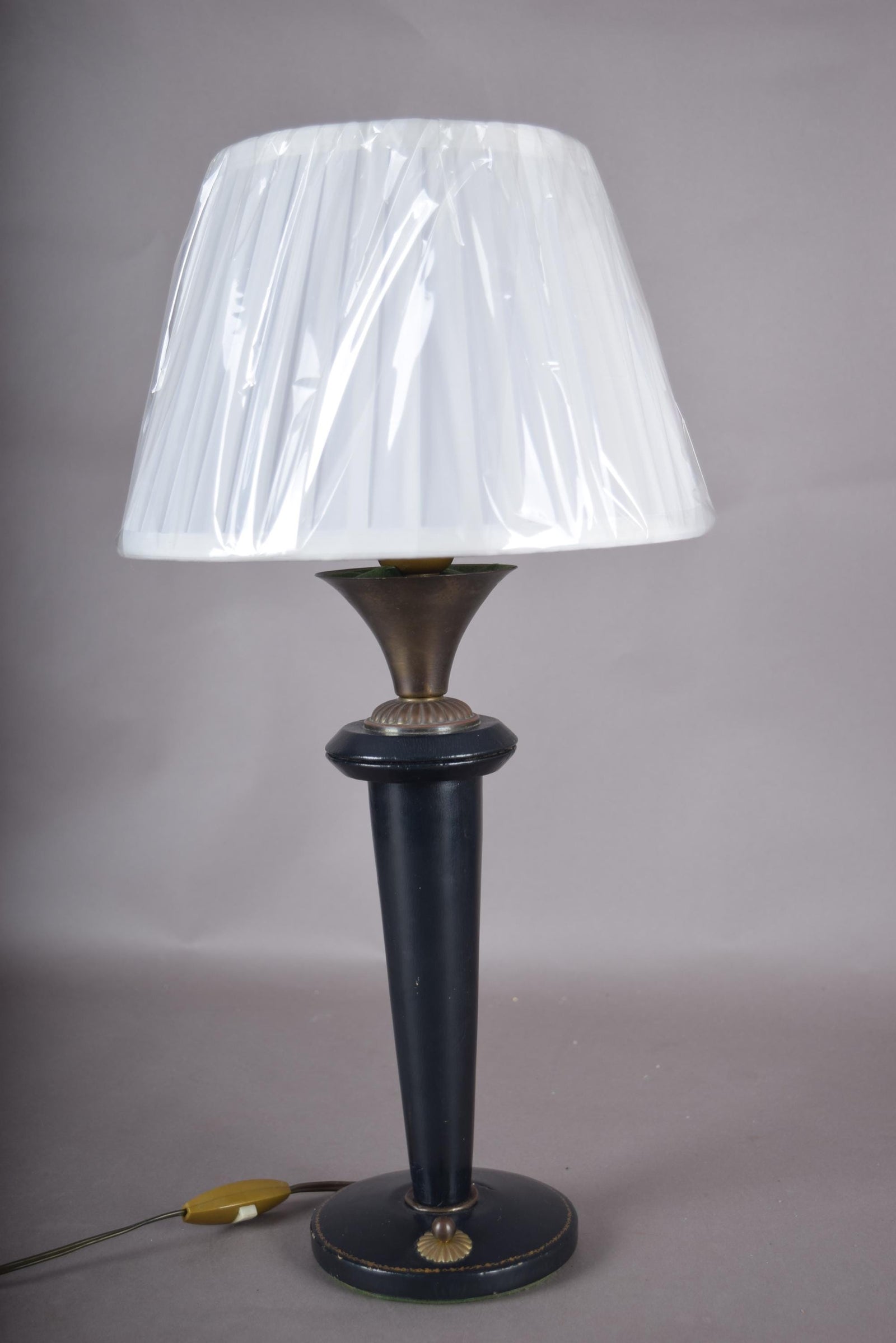 Vintage Navy Blue Leather Table Lamp | 1950s Mid Century Accent Lamp | Leather-Wrapped Brass Base | Rare Design Piece