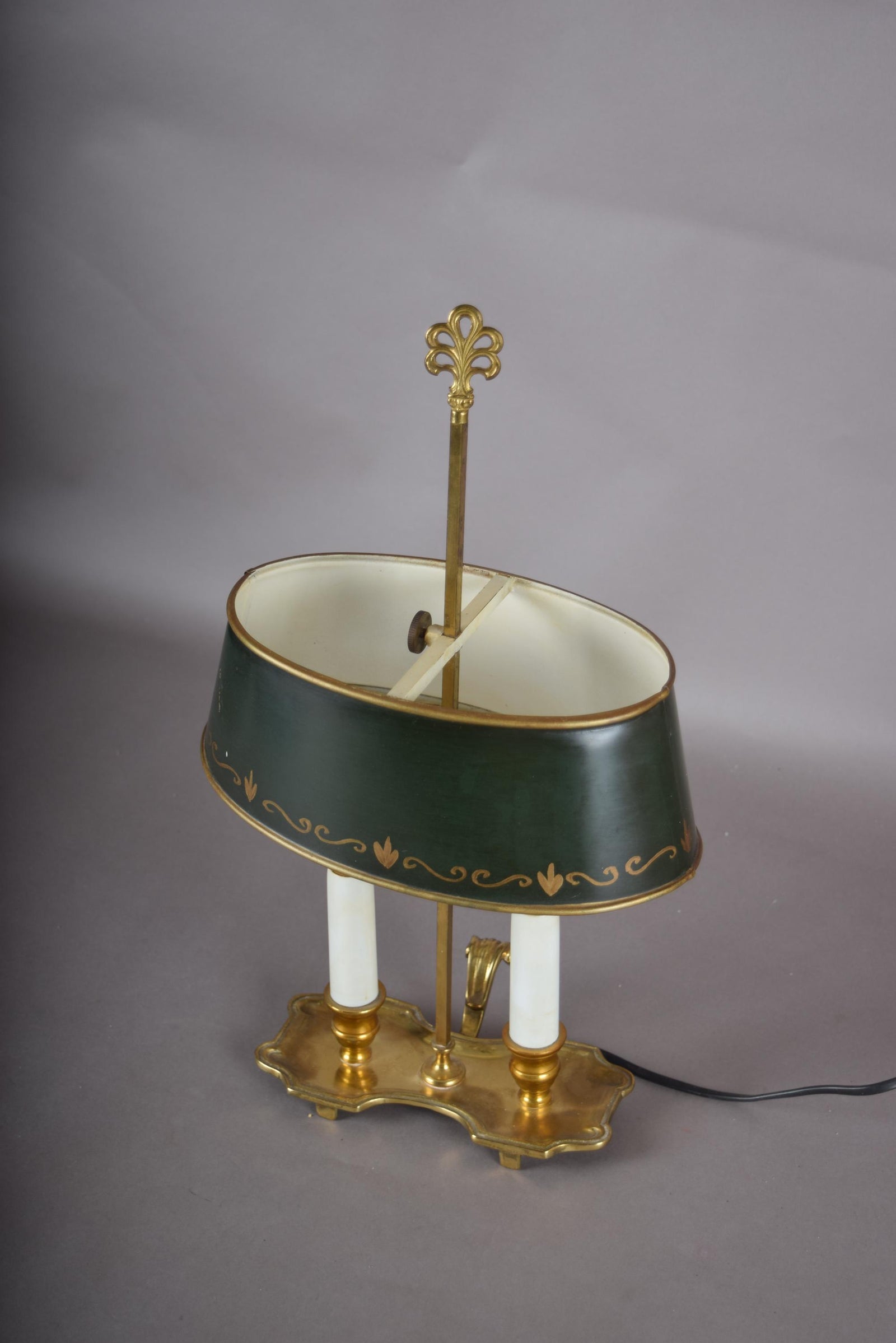 Vintage Brass Bouillotte Lamp, Green Tole Shade with Gold Trim, Dual Light, French Style