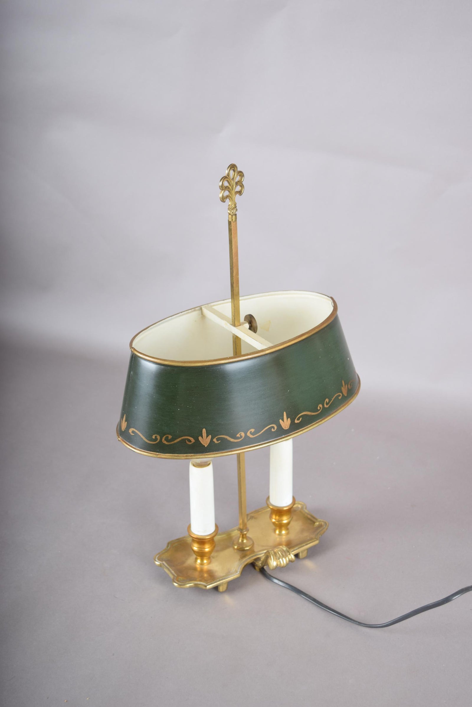 Vintage Brass Bouillotte Lamp, Green Tole Shade with Gold Trim, Dual Light, French Style