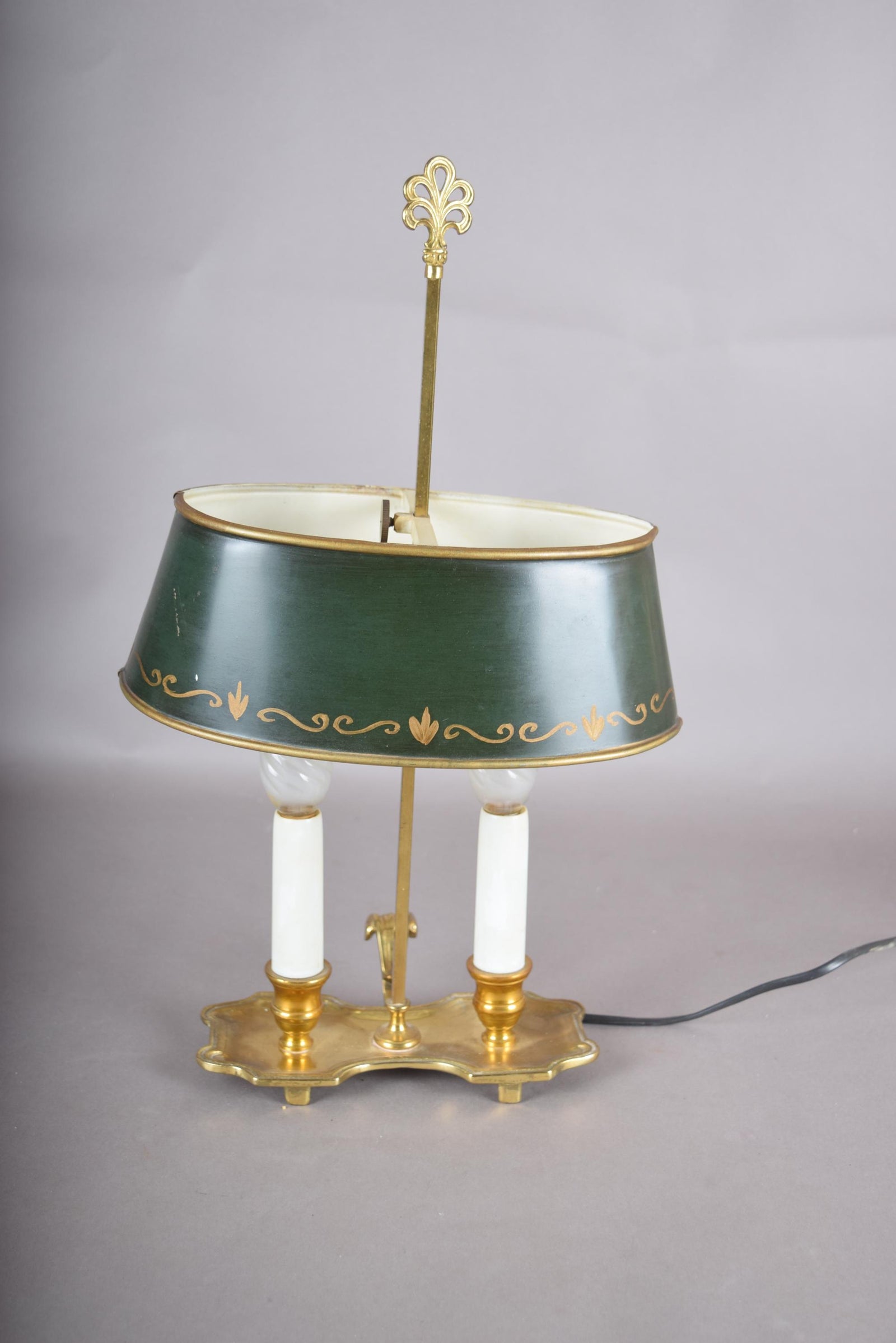 Vintage Brass Bouillotte Lamp, Green Tole Shade with Gold Trim, Dual Light, French Style