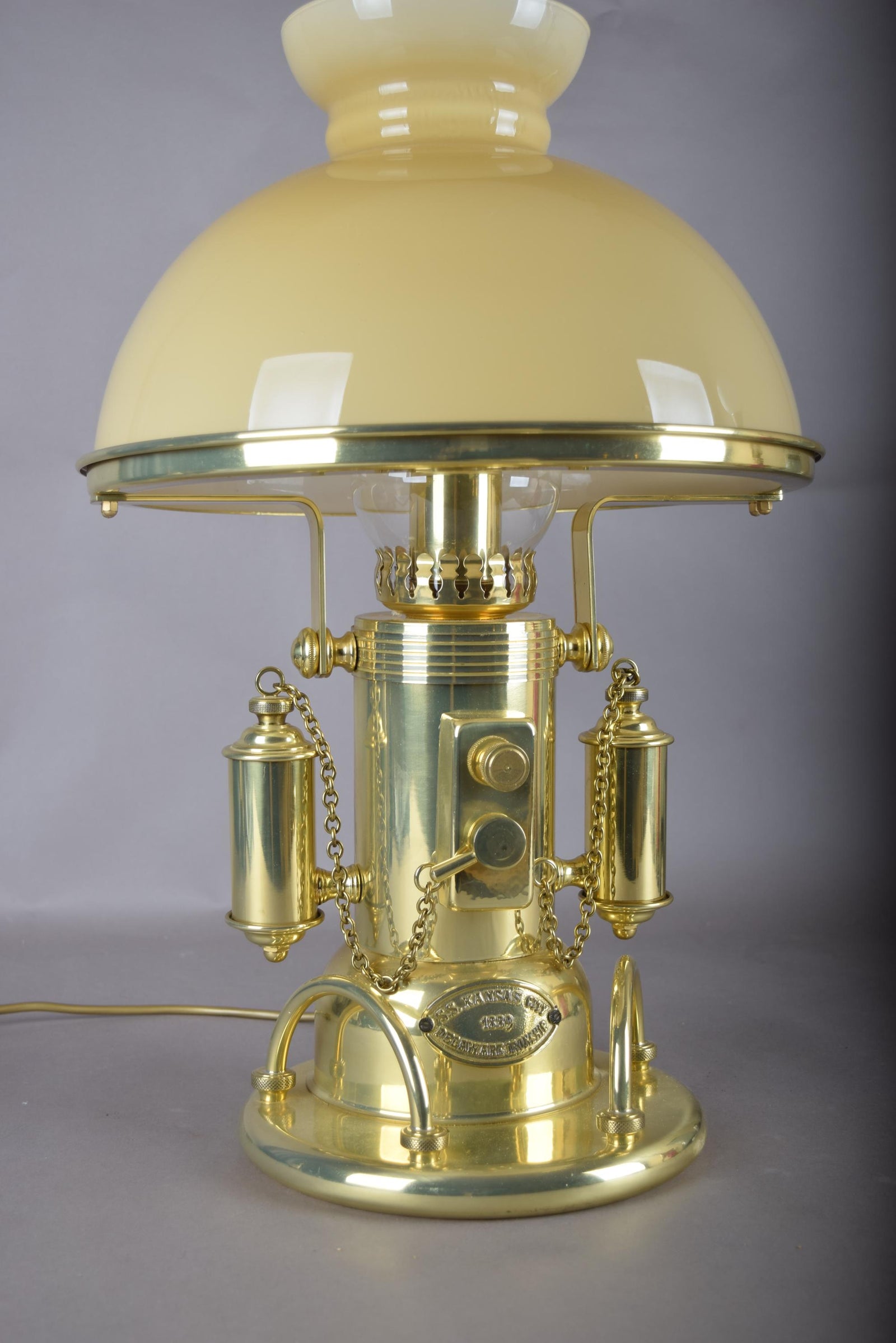 Vintage 1980s Gold-Plated Brass Nautical-Style Table Lamp – "SS Kansas City" Maritime Signal Lamp Design, Glass Dome Shade