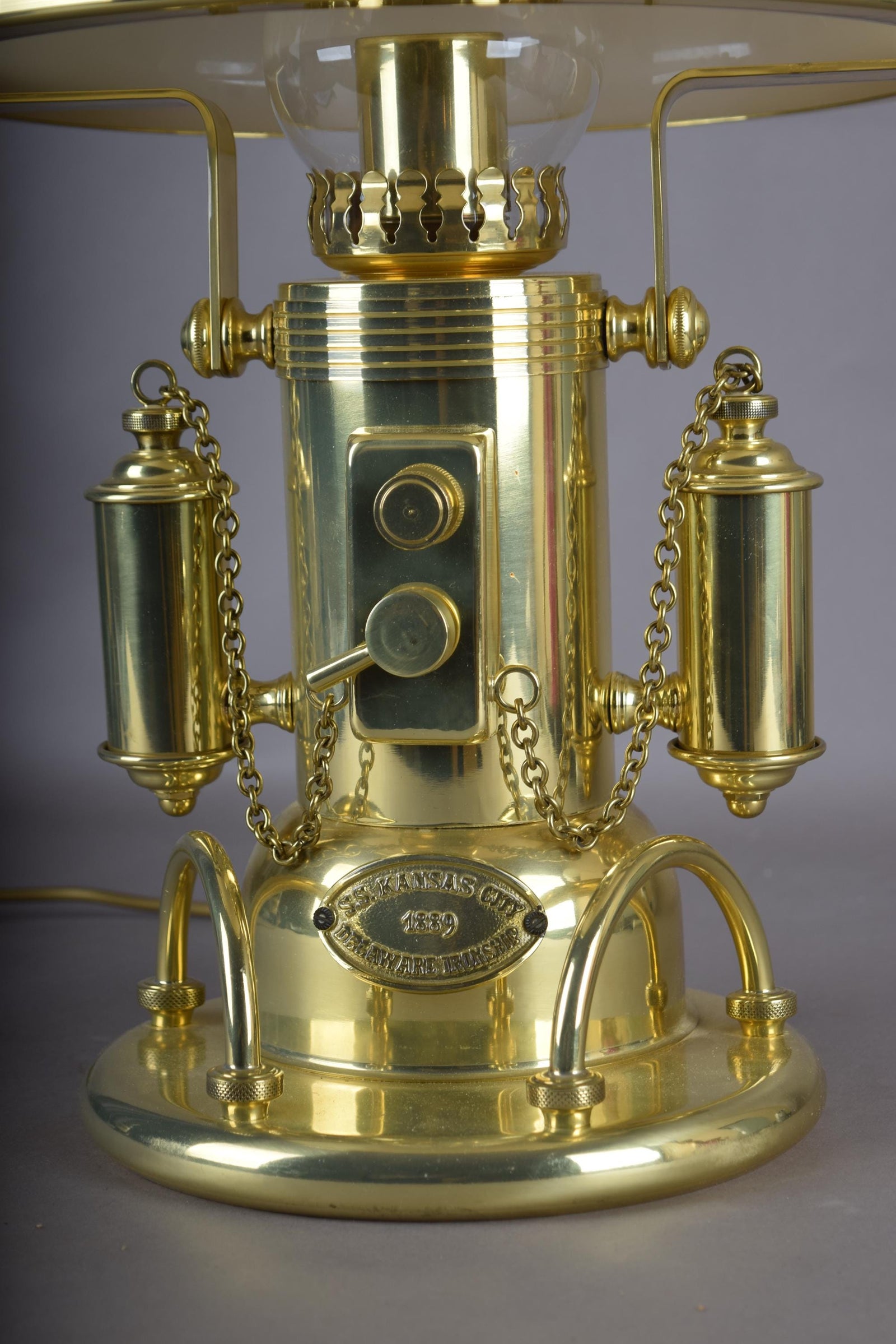 Vintage 1980s Gold-Plated Brass Nautical-Style Table Lamp – "SS Kansas City" Maritime Signal Lamp Design, Glass Dome Shade