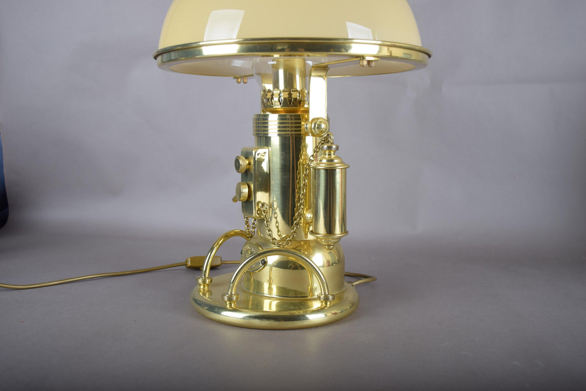 Vintage 1980s Gold-Plated Brass Nautical-Style Table Lamp – "SS Kansas City" Maritime Signal Lamp Design, Glass Dome Shade