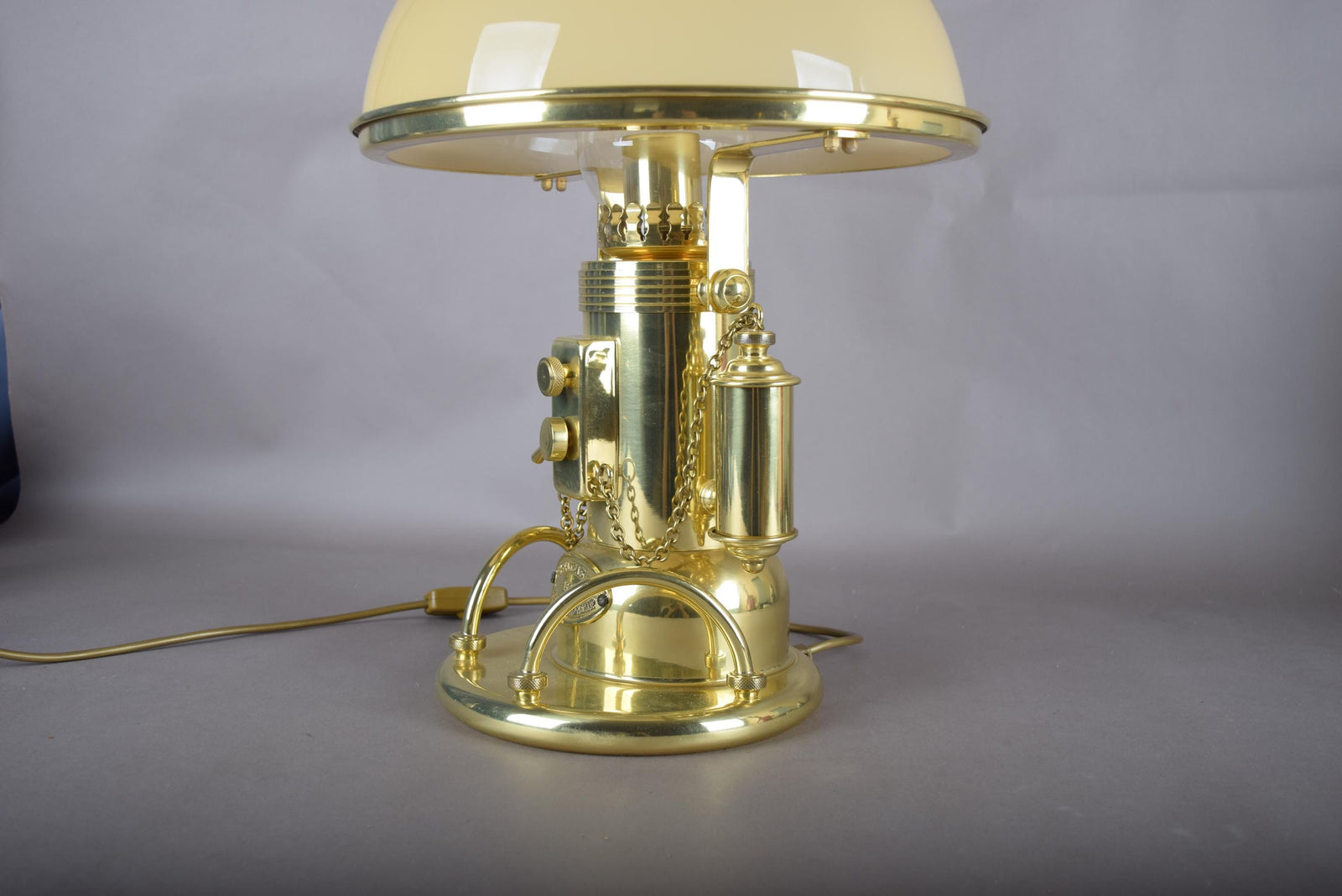 Vintage 1980s Gold-Plated Brass Nautical-Style Table Lamp – "SS Kansas City" Maritime Signal Lamp Design, Glass Dome Shade