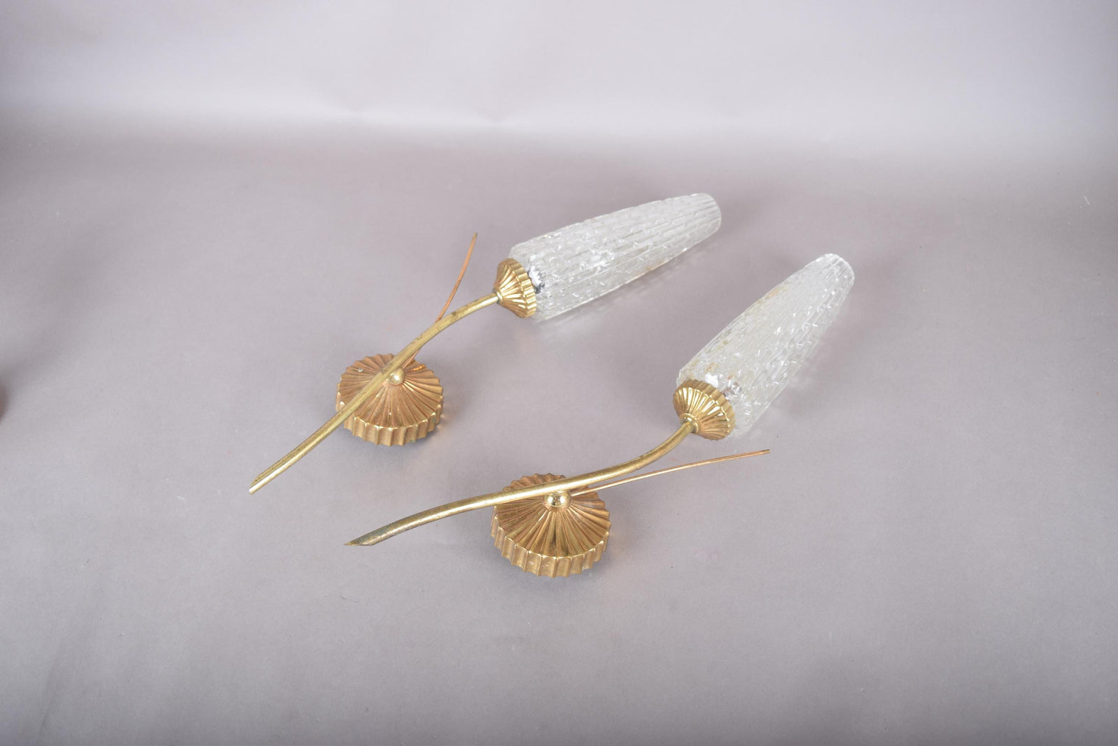 Vintage Gold-Toned Wall Sconces, Textured Glass Shades, Mid-Century Modern, Pair