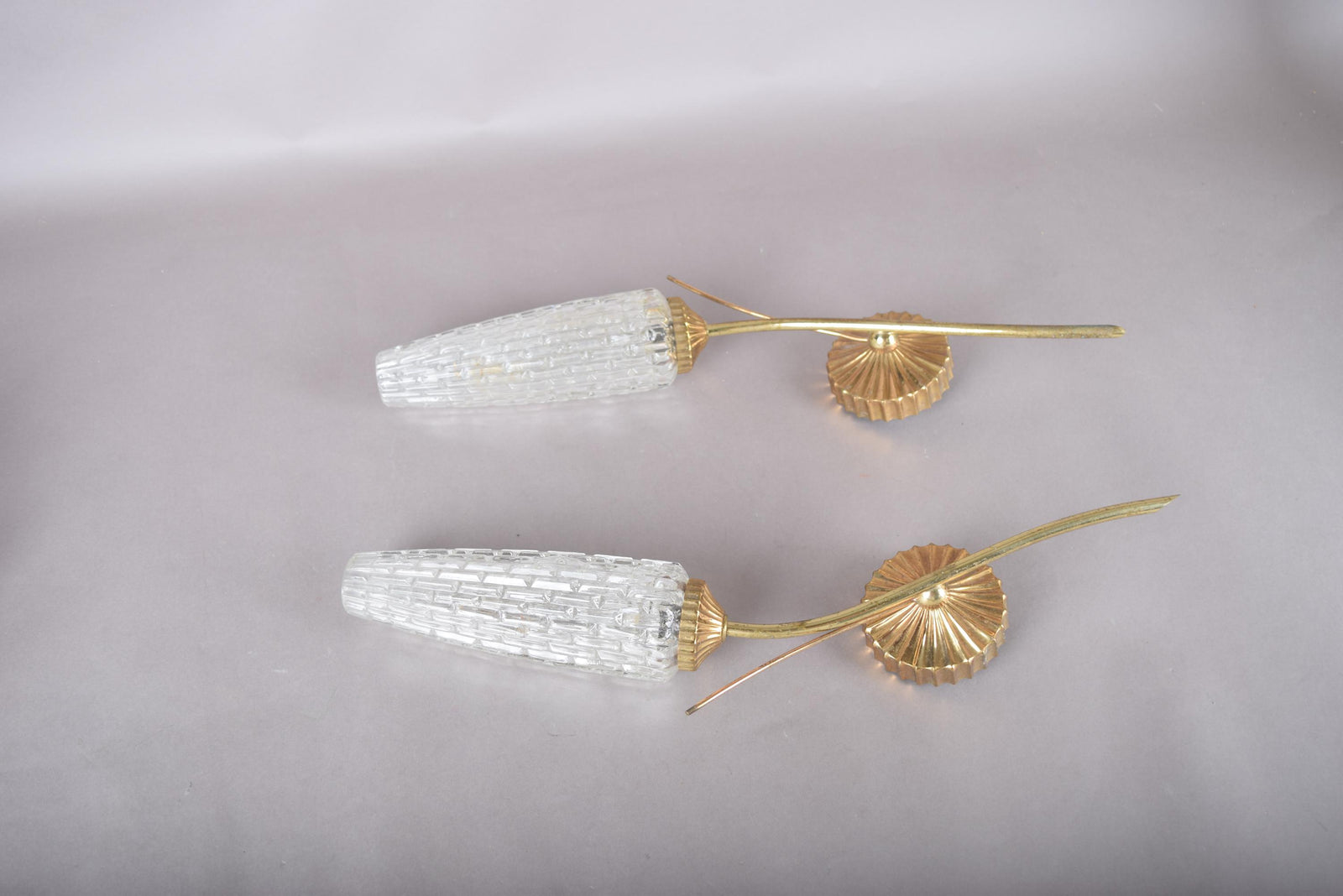 Vintage Gold-Toned Wall Sconces, Textured Glass Shades, Mid-Century Modern, Pair