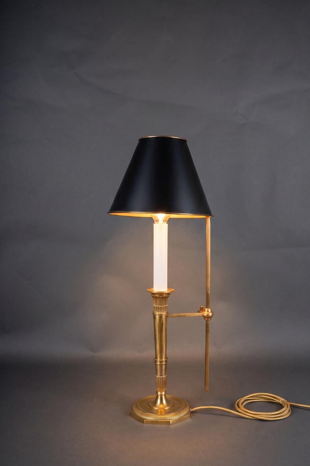 Vintage Brass Bouillotte Table Lamp, Adjustable Black Shade, French Style, 1950s