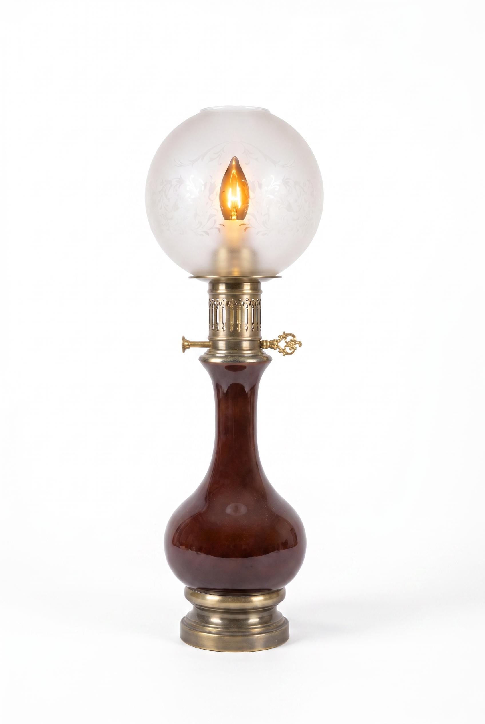 Vintage Glass and Brass Table Lamp, Etched Frosted Glass Globe Shade, 1950s