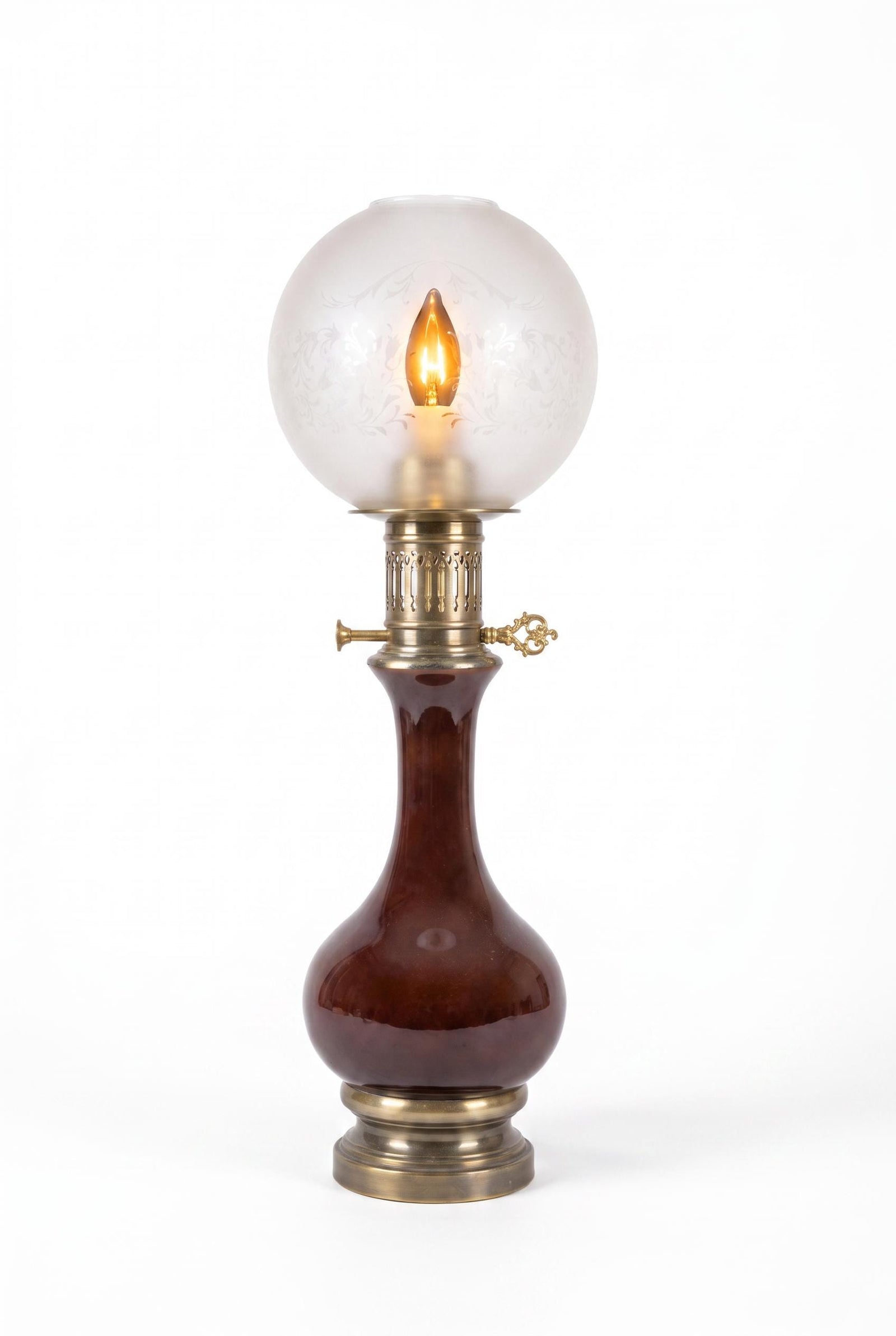 Vintage Glass and Brass Table Lamp, Etched Frosted Glass Globe Shade, 1950s