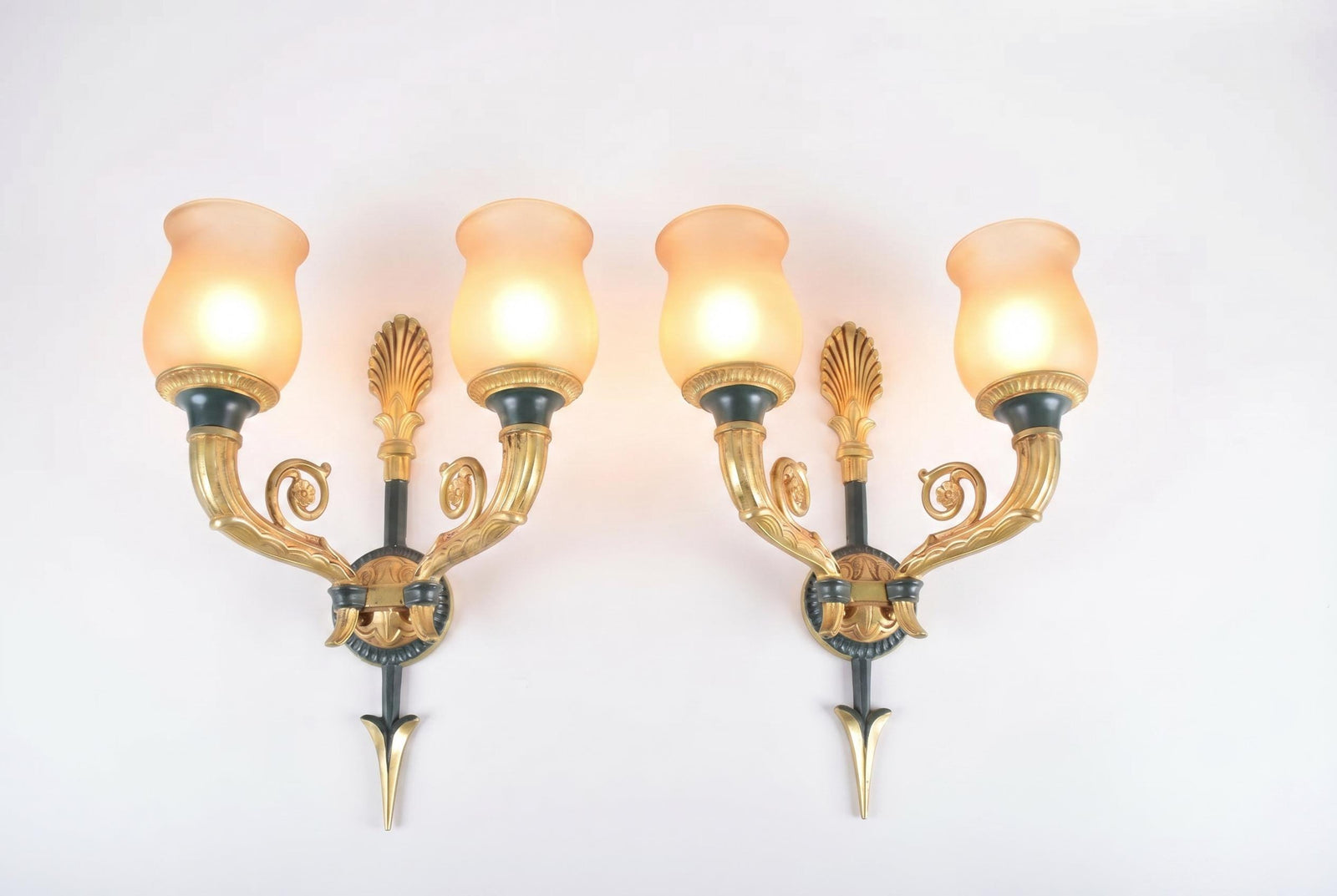 Vintage Gilt Bronze Wall Sconce Pair, Double Arm with Frosted Glass Shades — French Style, 1950s