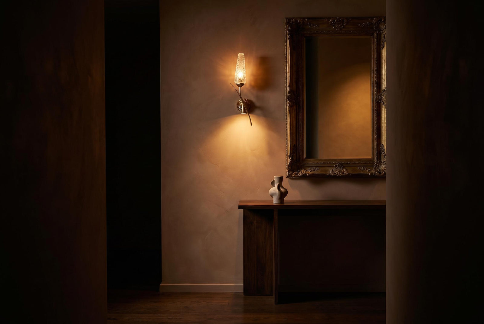 Vintage Gold-Toned Wall Sconces, Textured Glass Shades, Mid-Century Modern, Pair