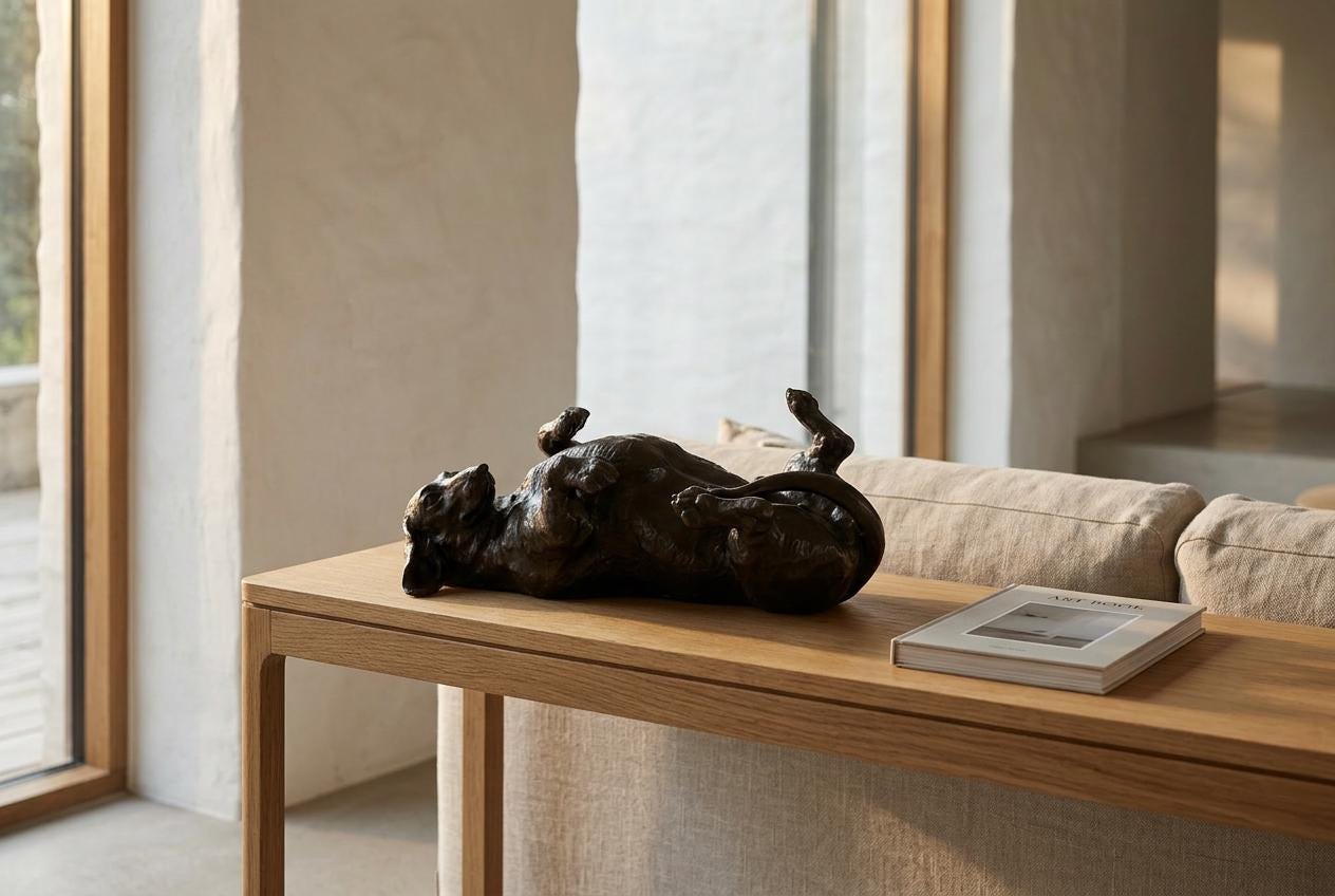 Doris Lindner "Rolling Dachshund" Sculpture, Signed Cast Resin with Bronze Patina
