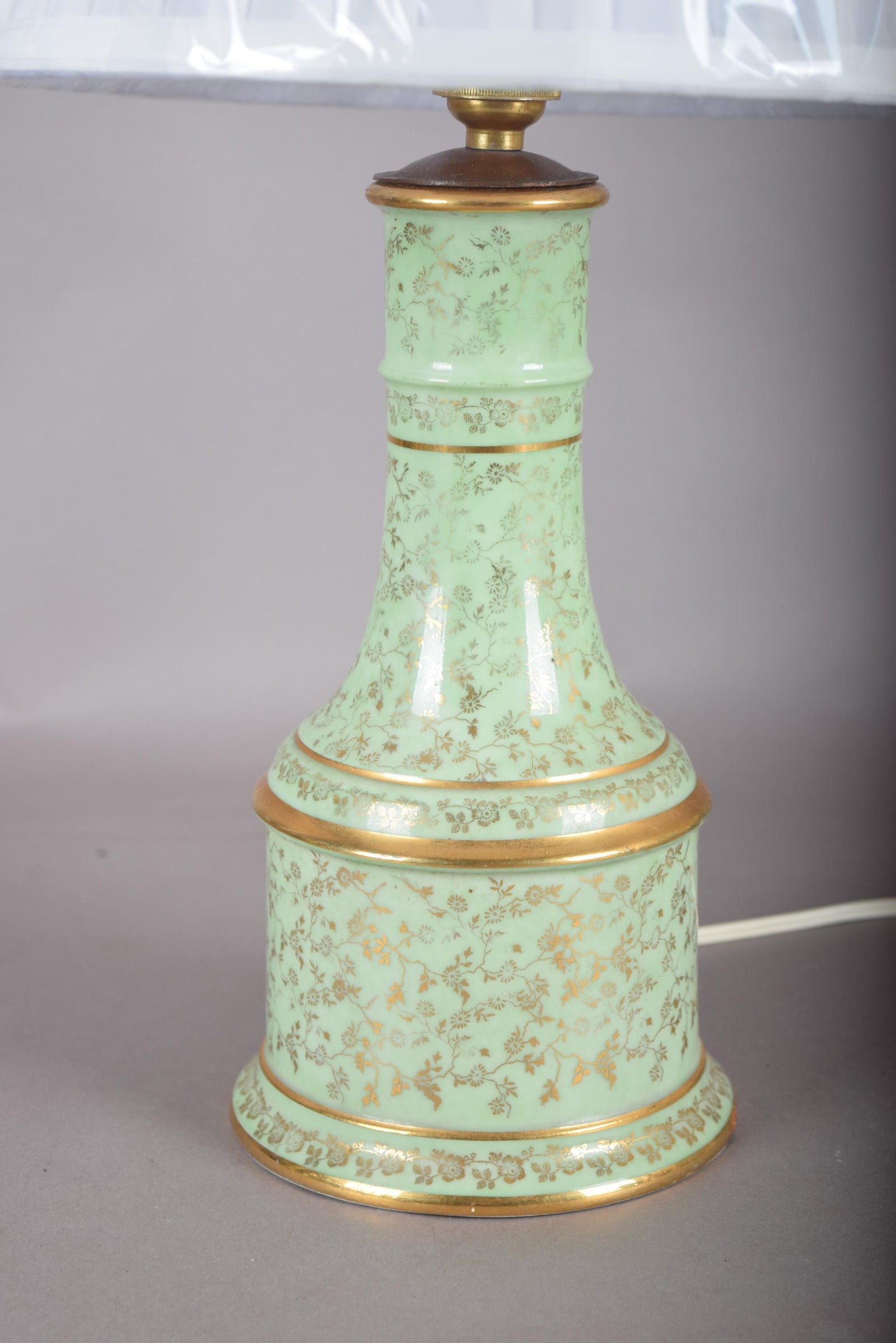 Vintage Chinoiserie Table Lamp | Mint Green Porcelain with Gold Gilt Floral Detail | French Country Baluster Lamp | Circa 1950s