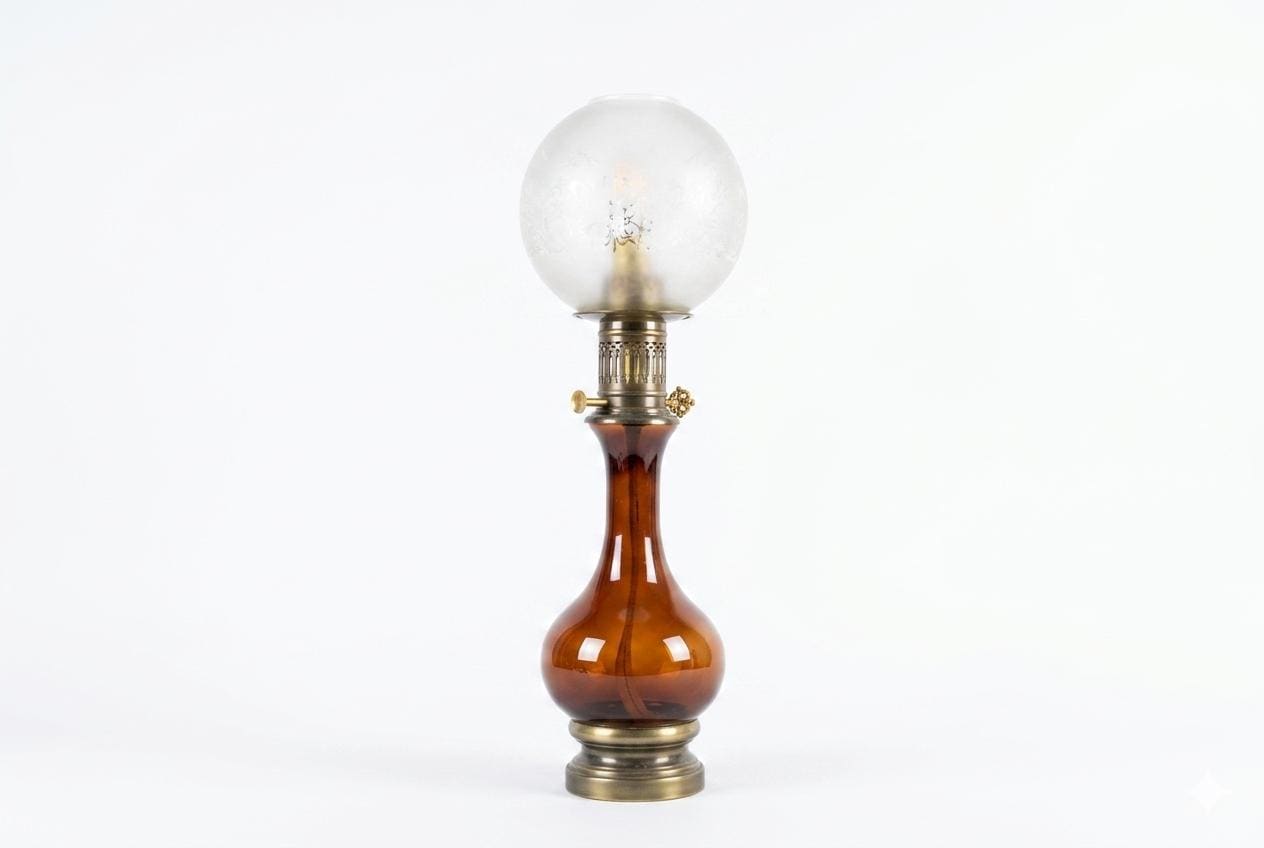 Vintage Glass and Brass Table Lamp, Etched Frosted Glass Globe Shade, 1950s