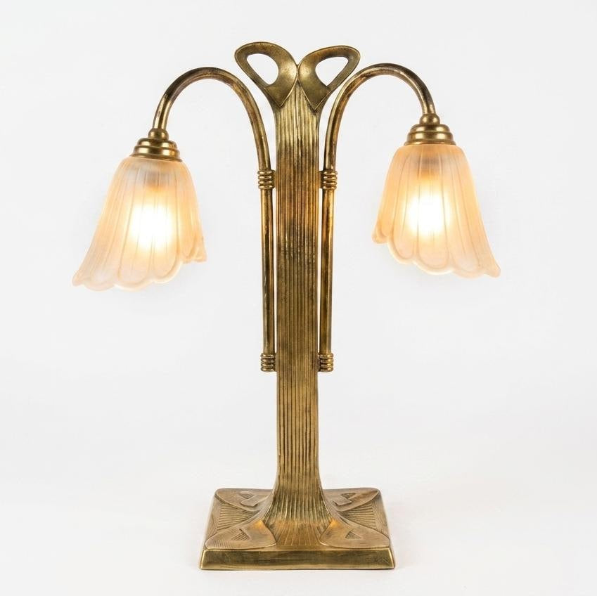 Vintage Brass Double-Arm Table Lamp, Frosted Tulip Shades — Art Nouveau Style, 1950s