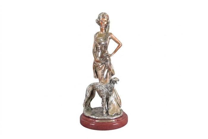Silver-Plated Art Deco Style Sculpture, Lady with Borzoi Dog, Dated 2001