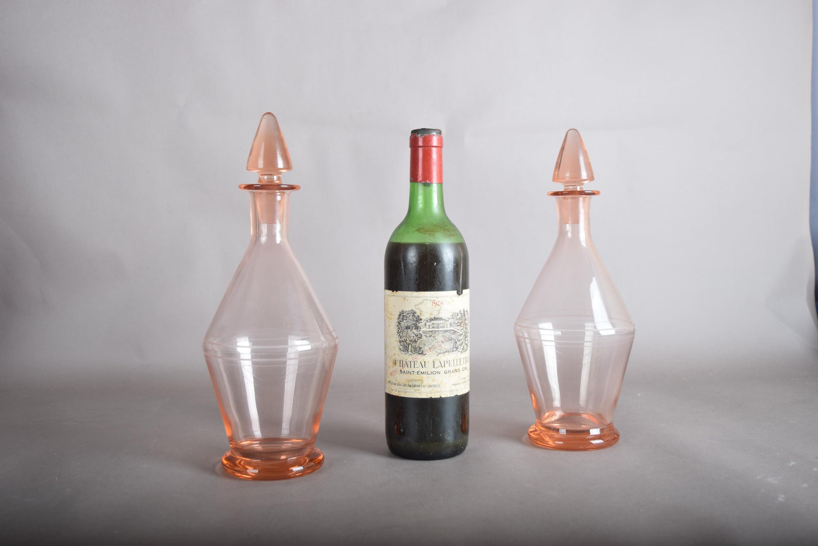 Vintage Pink Glass Carafe Pair, Faceted Art Deco Form — French, 1960s