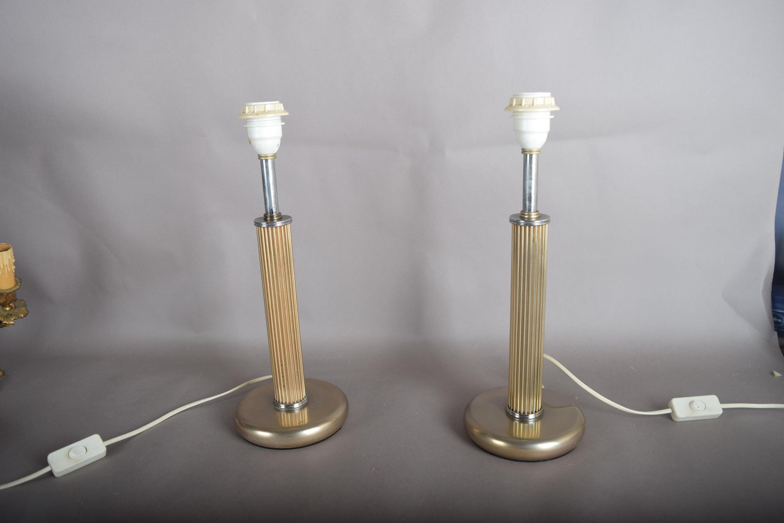 Pair of Mid-Century Modern Style Metal Table Lamps, Fluted Column, 1980s