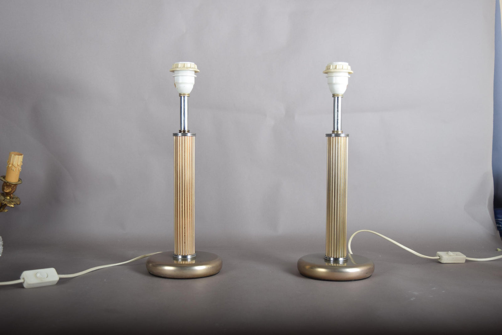 Pair of Mid-Century Modern Style Metal Table Lamps, Fluted Column, 1980s