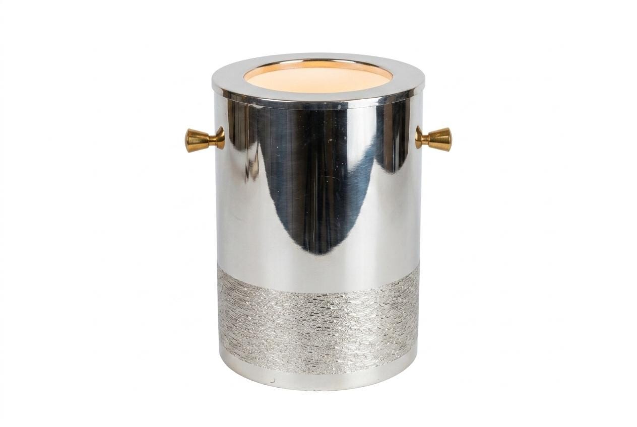 Vintage Hollywood Regency Wine Cooler, Gilded Handle Champagne Bucket, Metal Barware Accessory