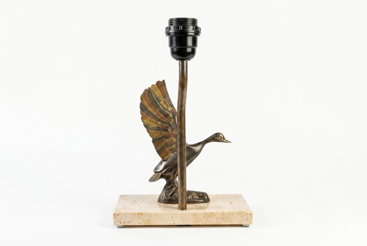Vintage Duck Desk Lamp, Sculpted Bronze-Toned Metal Bird, Travertine Base, 1970s