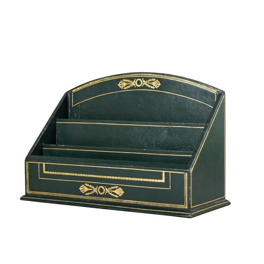 Vintage Leather-Style Letter Holder, Green and Gold Desk Organizer, Paper Sorter with Compartments, Classic Office Decor